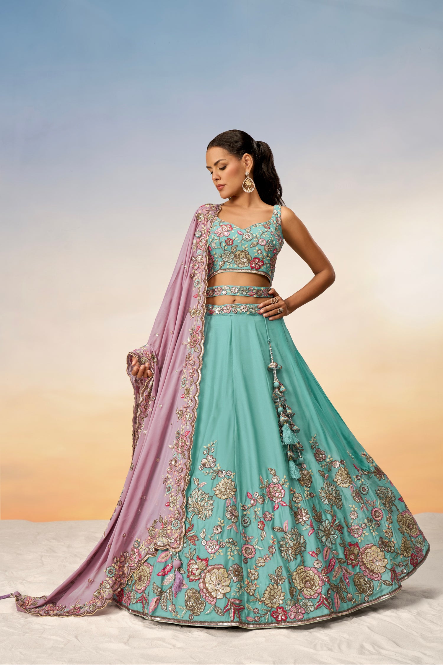 Turquoise Blue Pure Georgette Sequins Embroidery Lehenga Choli &amp; Dupatta