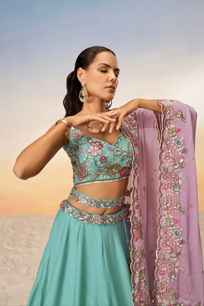 Turquoise Blue Pure Georgette Sequins Embroidery Lehenga Choli &amp; Dupatta