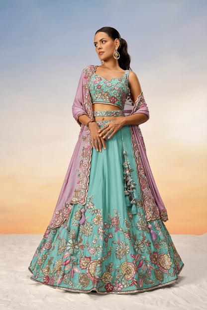 Turquoise Blue Pure Georgette Sequins Embroidery Lehenga Choli &amp; Dupatta