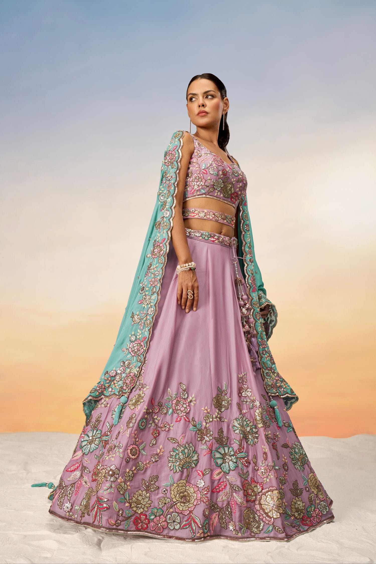 Mauve Pure Georgette Sequins Embroidery Lehenga Choli &amp; Dupatta
