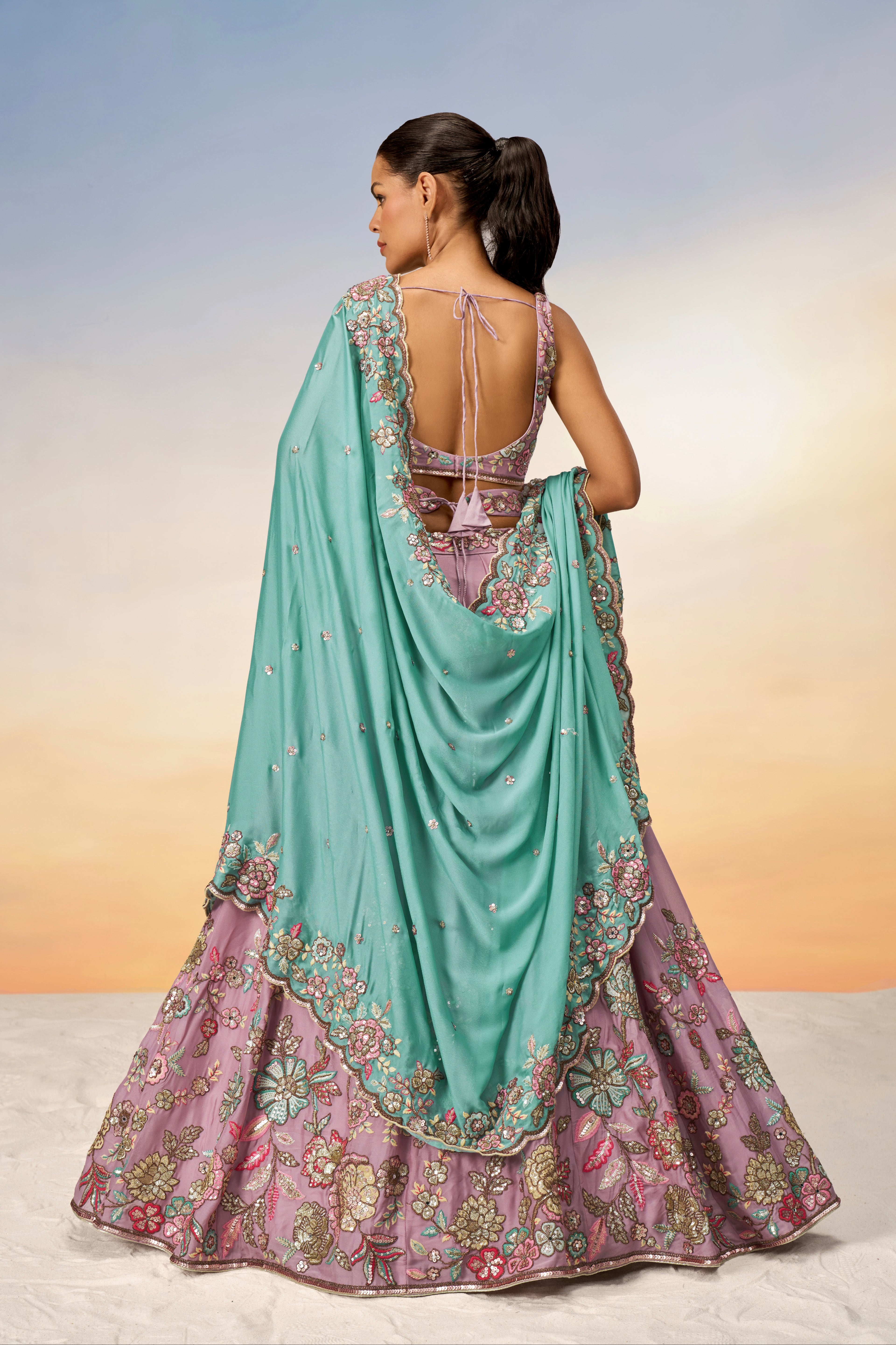Mauve Pure Georgette Sequins Embroidery Lehenga Choli &amp; Dupatta