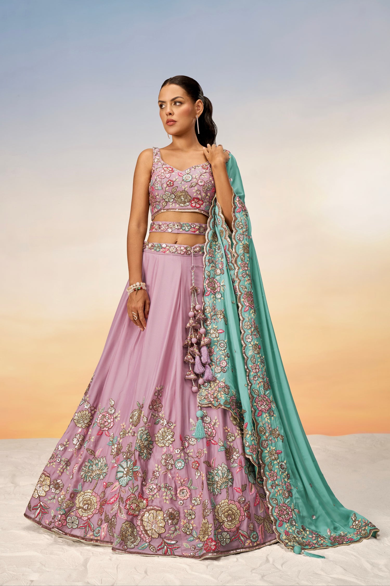 Mauve Pure Georgette Sequins Embroidery Lehenga Choli &amp; Dupatta