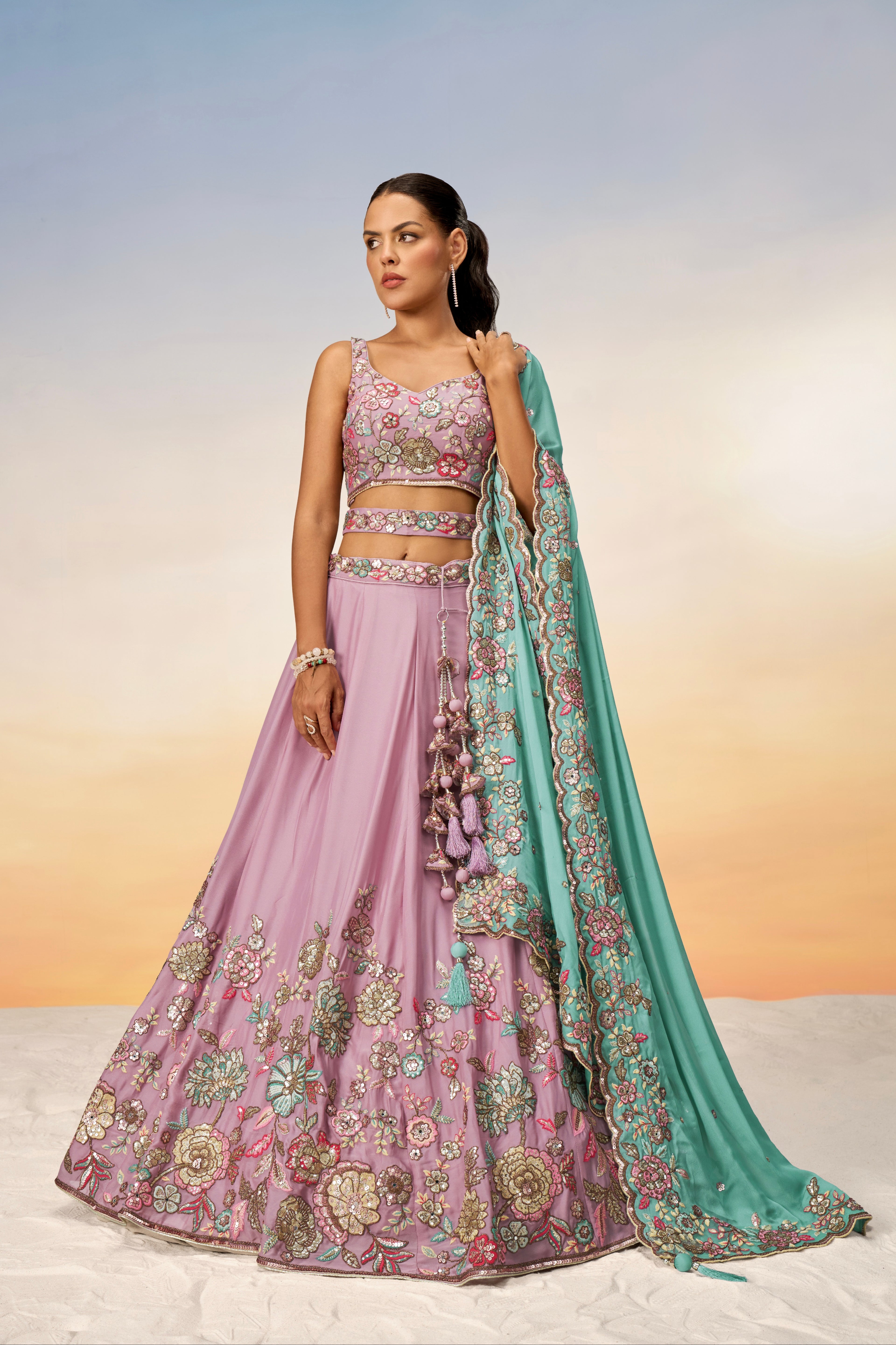 Mauve Pure Georgette Sequins Embroidery Lehenga Choli &amp; Dupatta