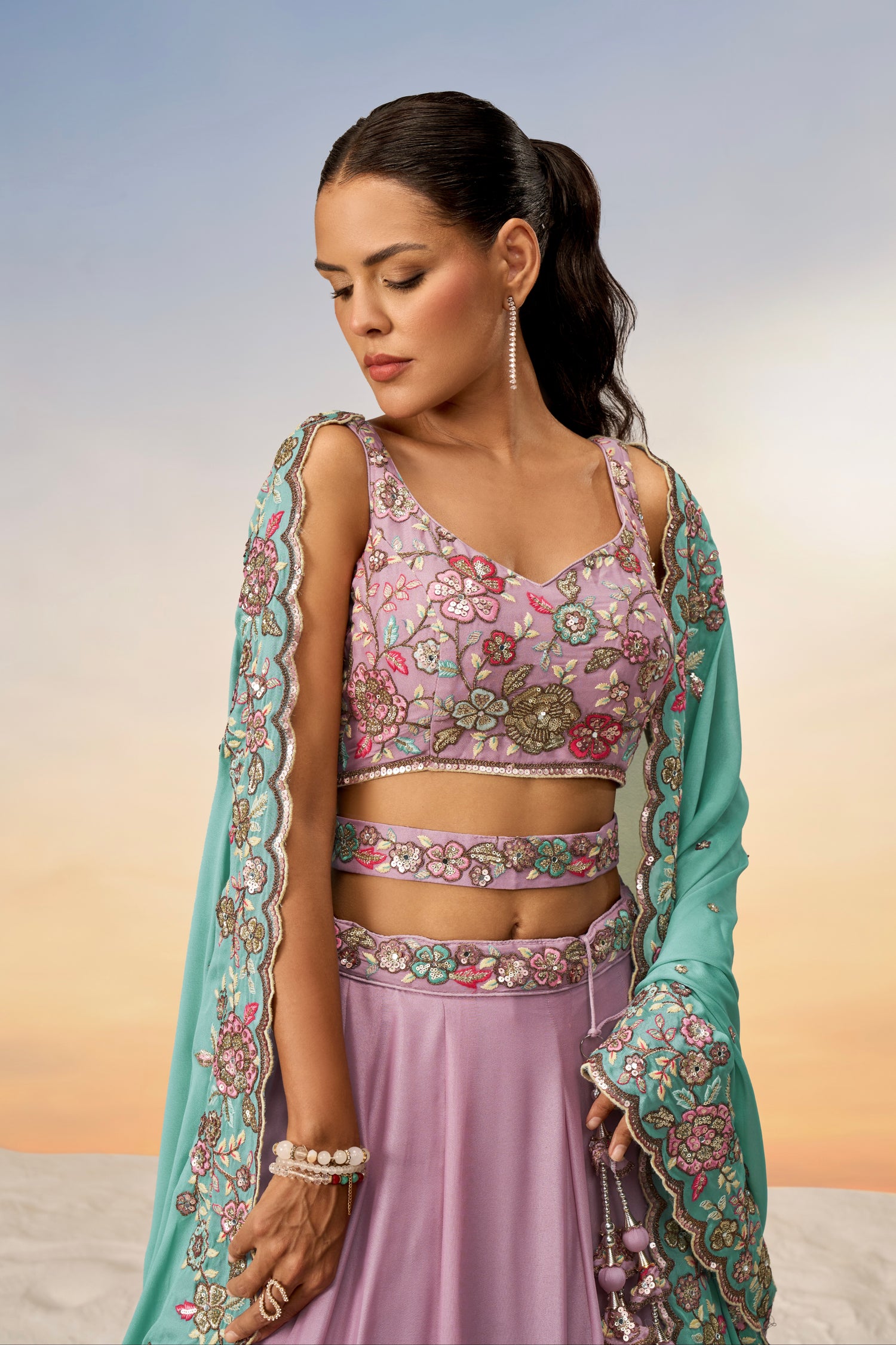 Mauve Pure Georgette Sequins Embroidery Lehenga Choli &amp; Dupatta