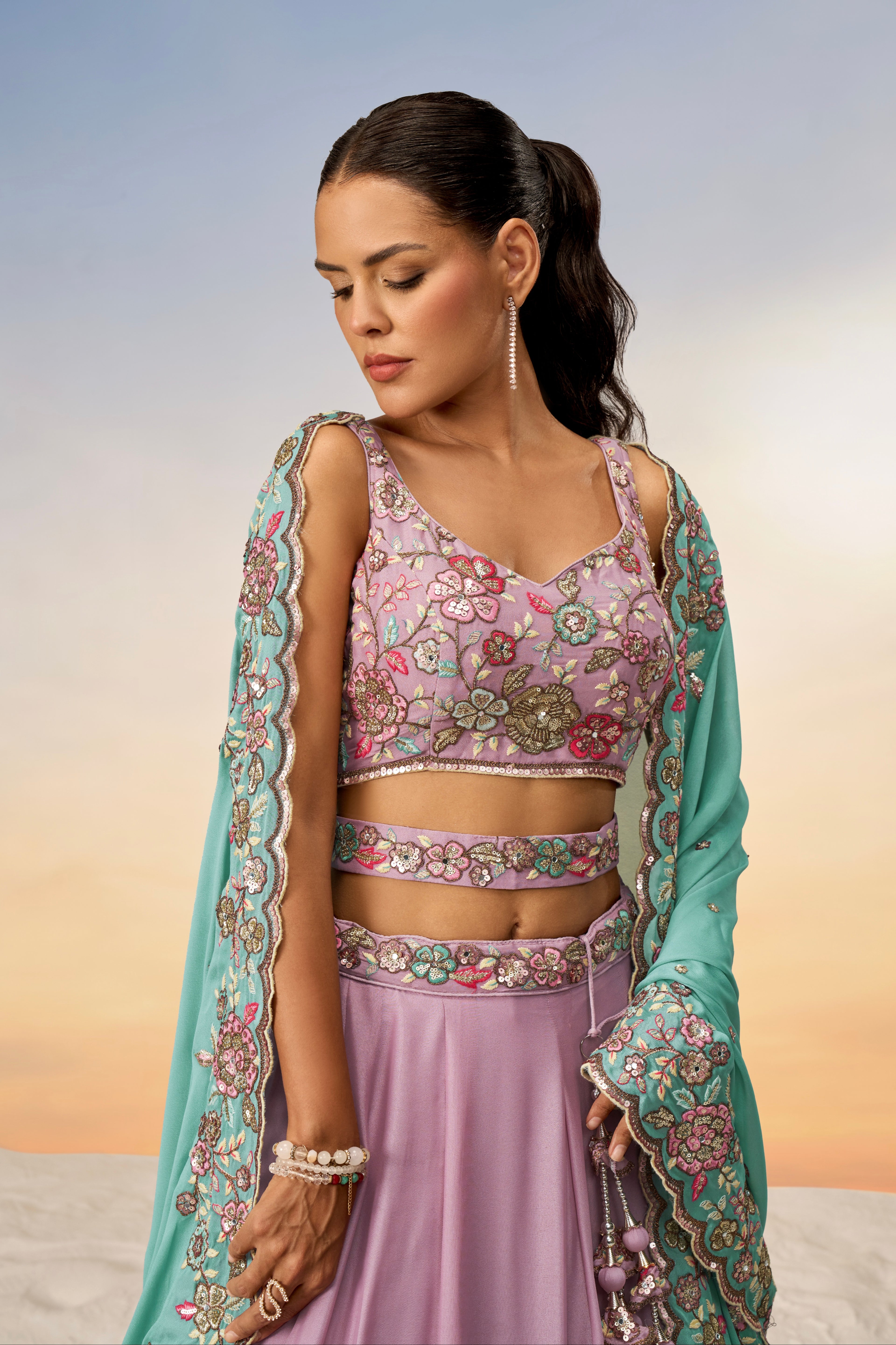 Mauve Pure Georgette Sequins Embroidery Lehenga Choli &amp; Dupatta