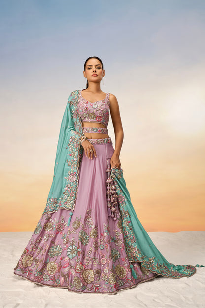 Mauve Pure Georgette Sequins Embroidery Lehenga Choli &amp; Dupatta