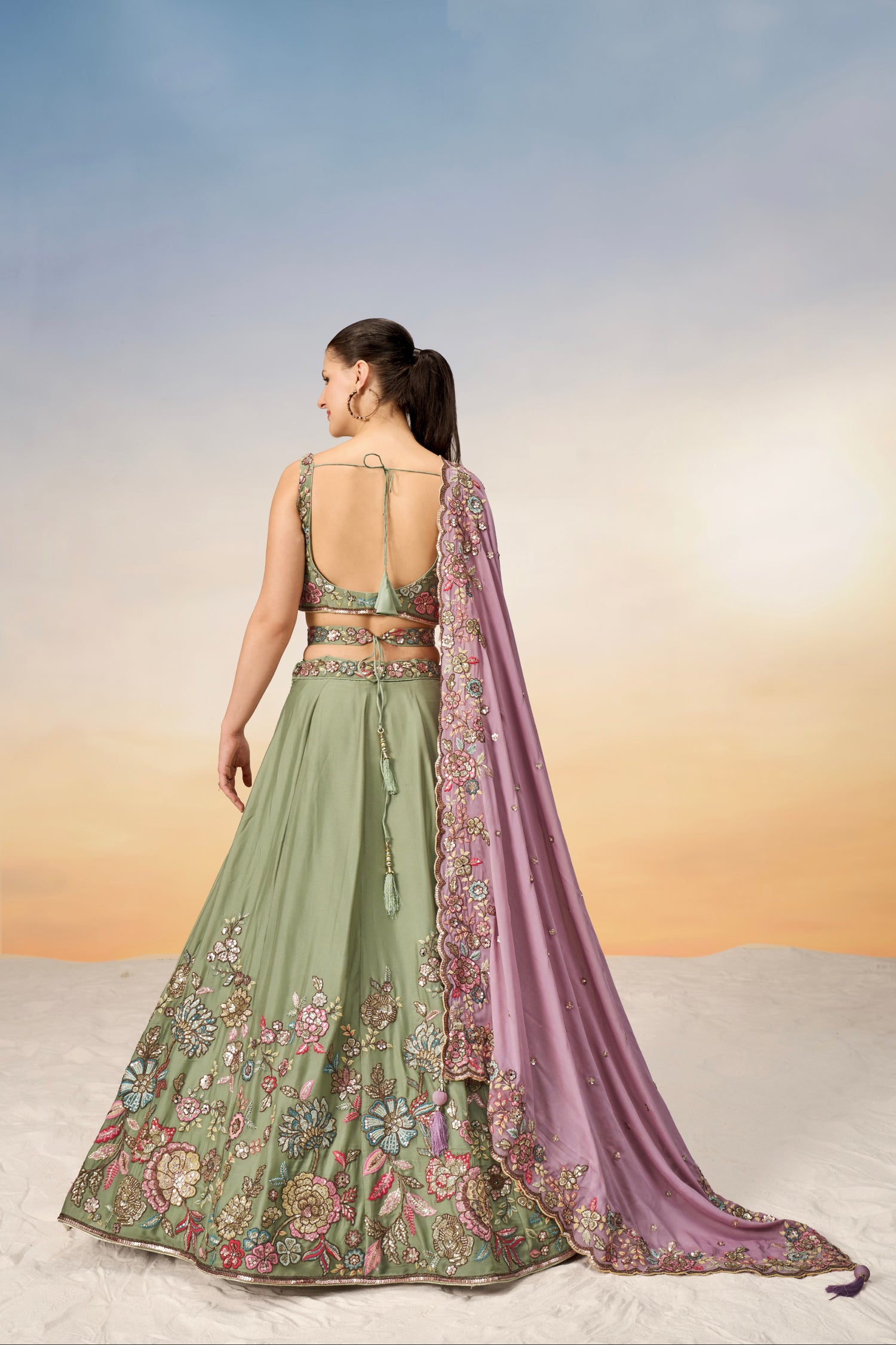 Lime Green Pure Georgette Sequins Embroidery Lehenga Choli &amp; Dupatta