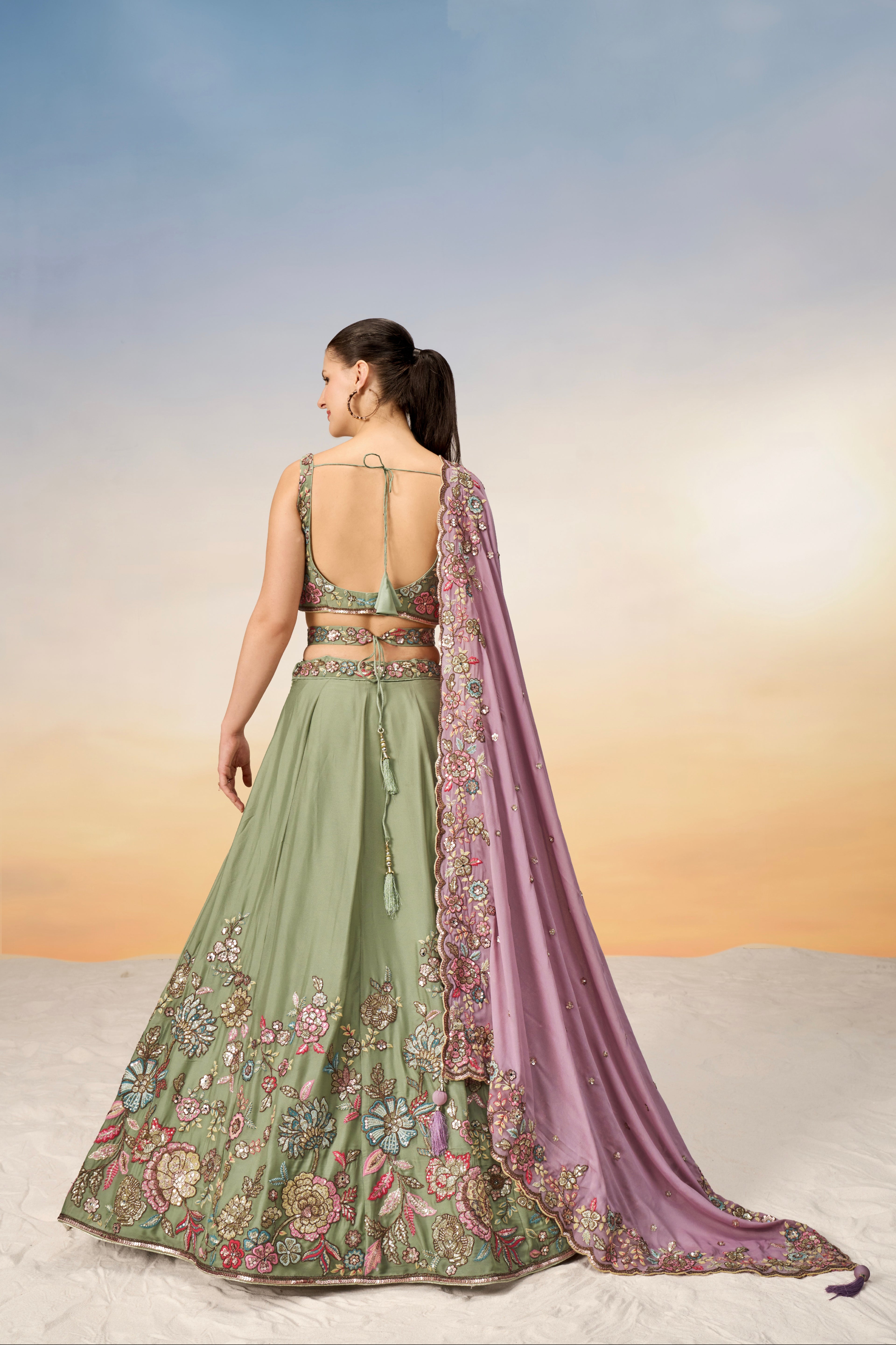 Lime Green Pure Georgette Sequins Embroidery Lehenga Choli &amp; Dupatta