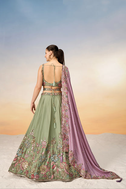 Lime Green Pure Georgette Sequins Embroidery Lehenga Choli &amp; Dupatta