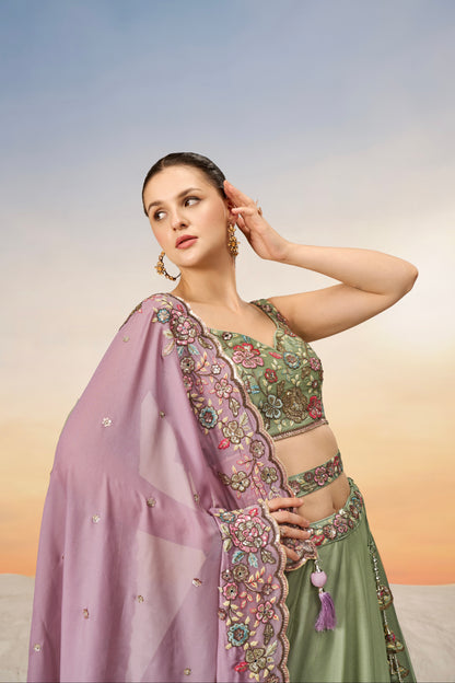 Lime Green Pure Georgette Sequins Embroidery Lehenga Choli &amp; Dupatta