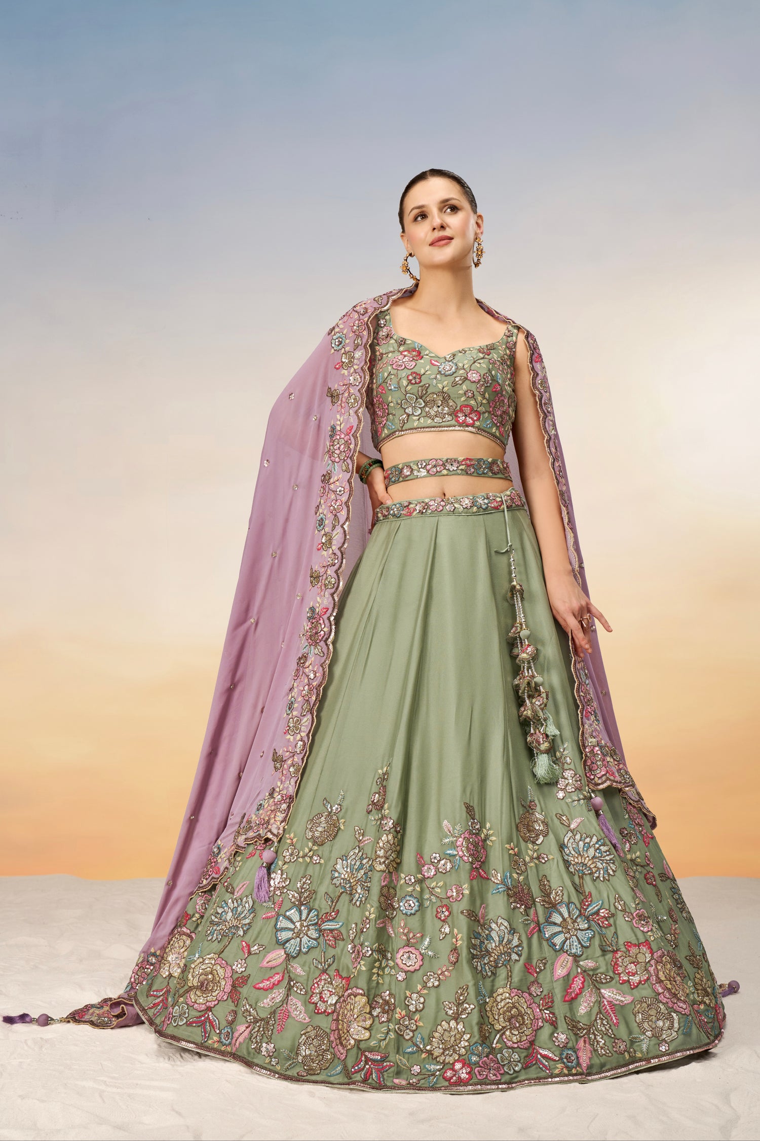 Lime Green Pure Georgette Sequins Embroidery Lehenga Choli &amp; Dupatta