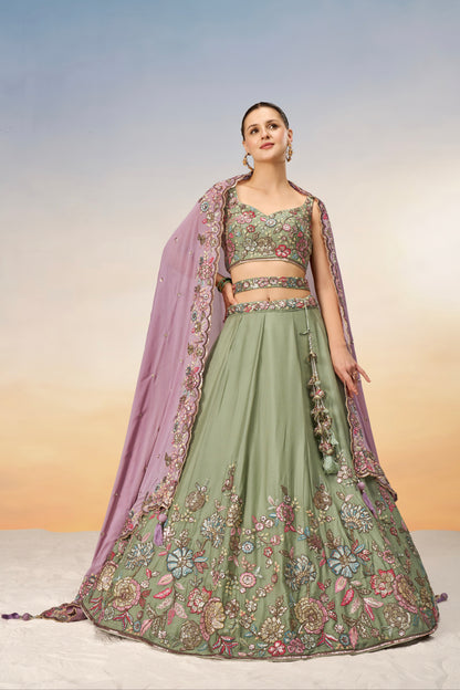 Lime Green Pure Georgette Sequins Embroidery Lehenga Choli &amp; Dupatta