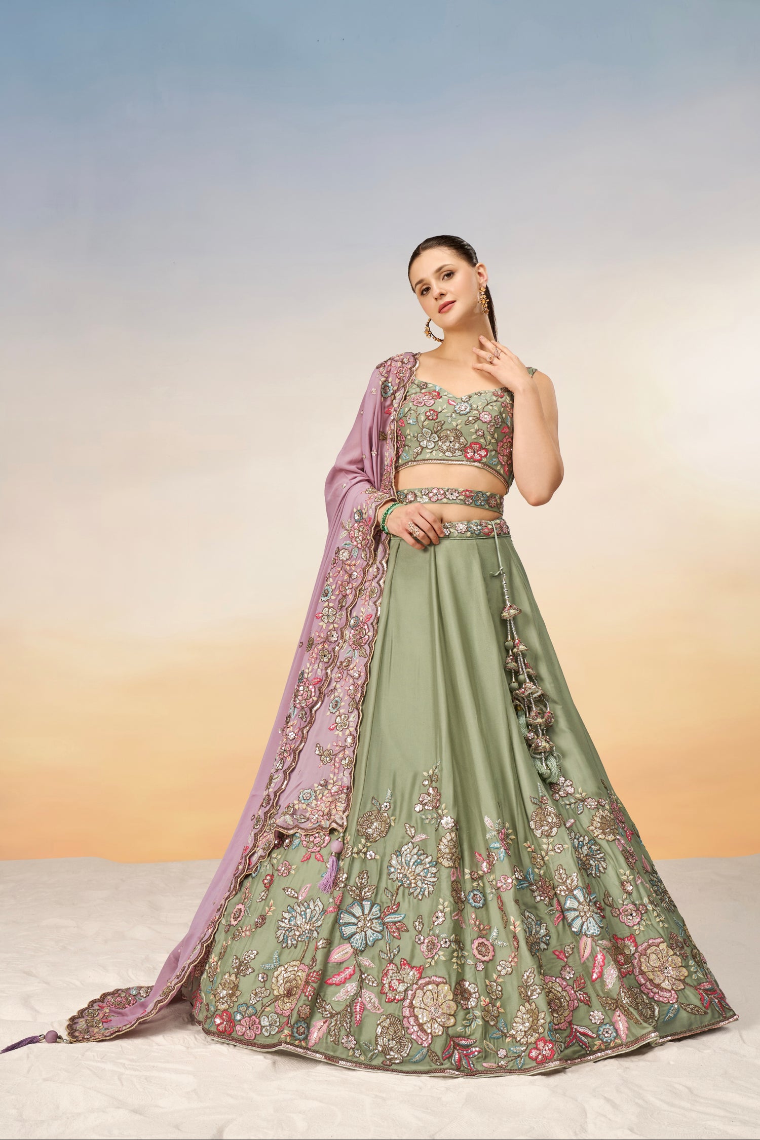 Lime Green Pure Georgette Sequins Embroidery Lehenga Choli &amp; Dupatta