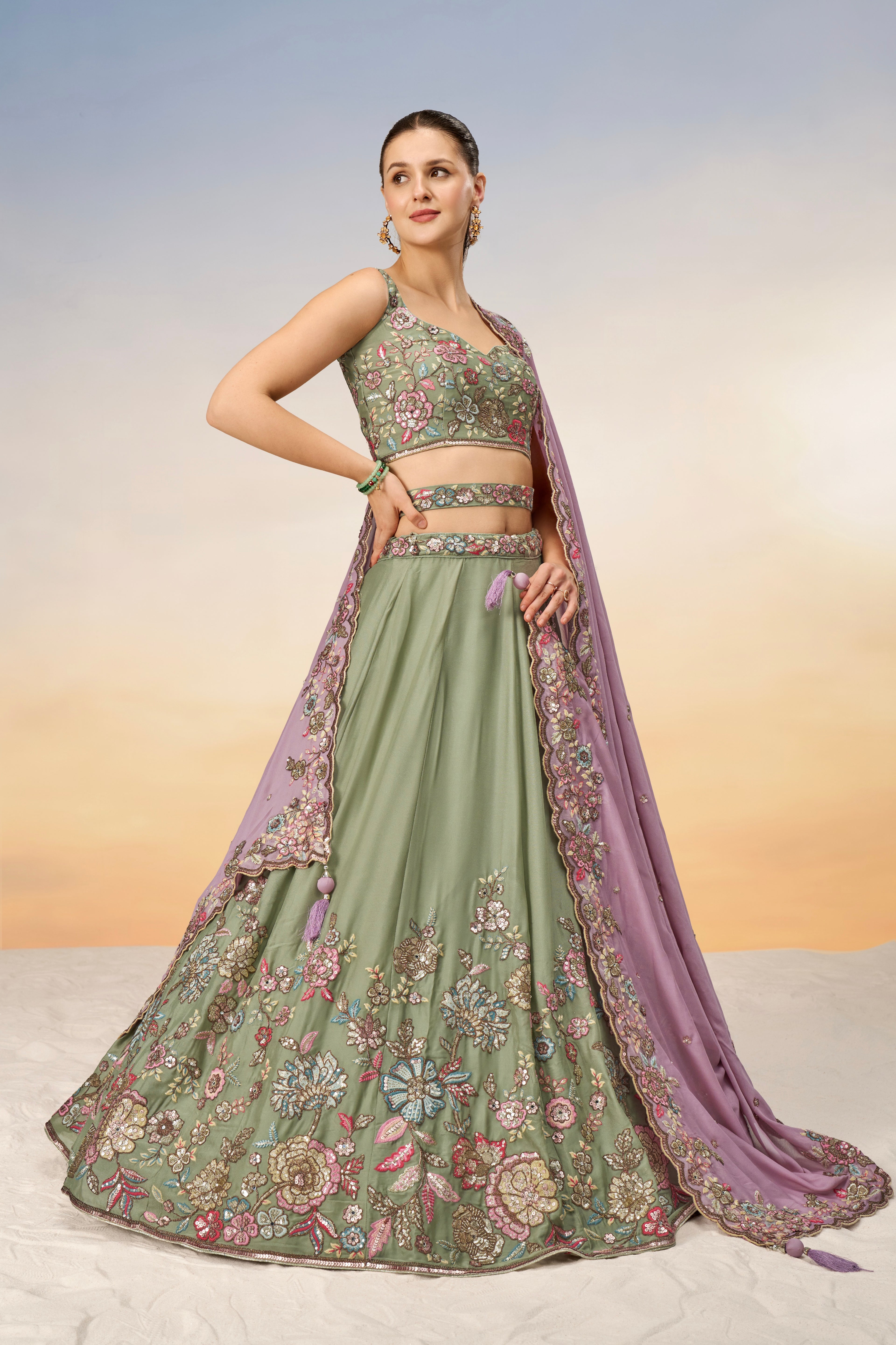Lime Green Pure Georgette Sequins Embroidery Lehenga Choli &amp; Dupatta