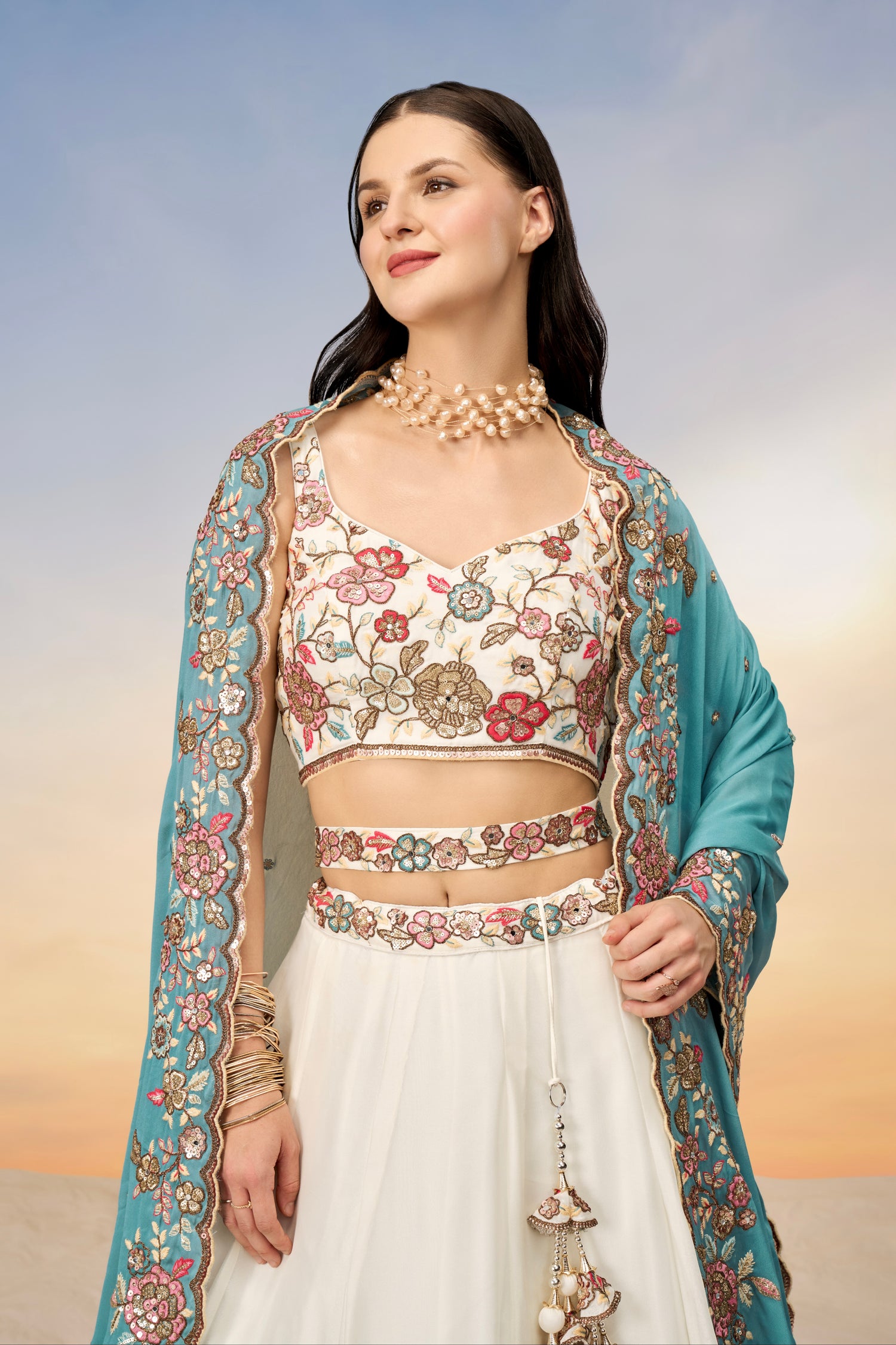 Cream Pure Georgette Sequins Embroidery Lehenga choli &amp; Dupatta