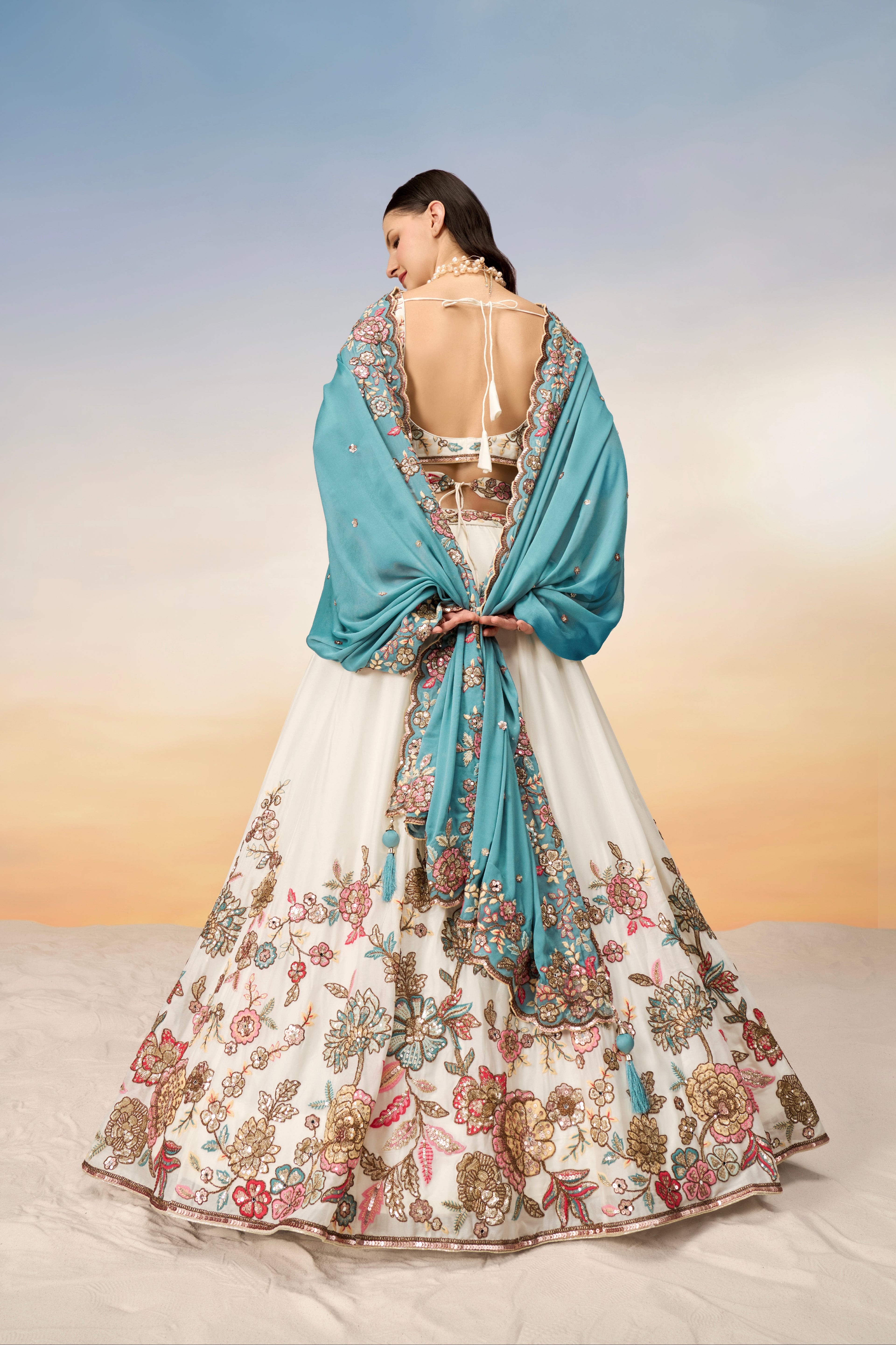 Cream Pure Georgette Sequins Embroidery Lehenga choli &amp; Dupatta