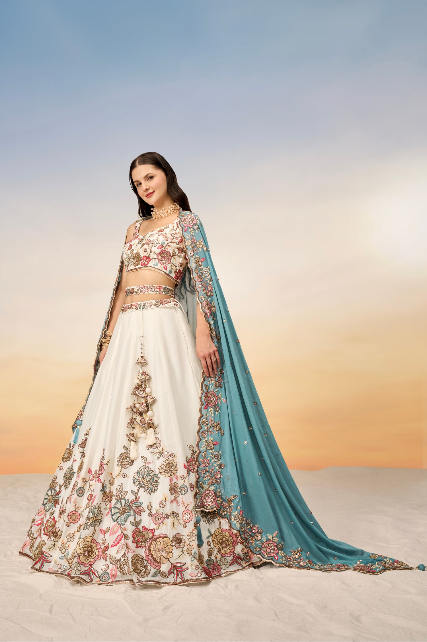Cream Pure Georgette Sequins Embroidery Lehenga choli &amp; Dupatta
