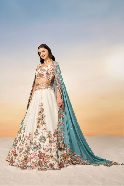 Cream Pure Georgette Sequins Embroidery Lehenga choli &amp; Dupatta