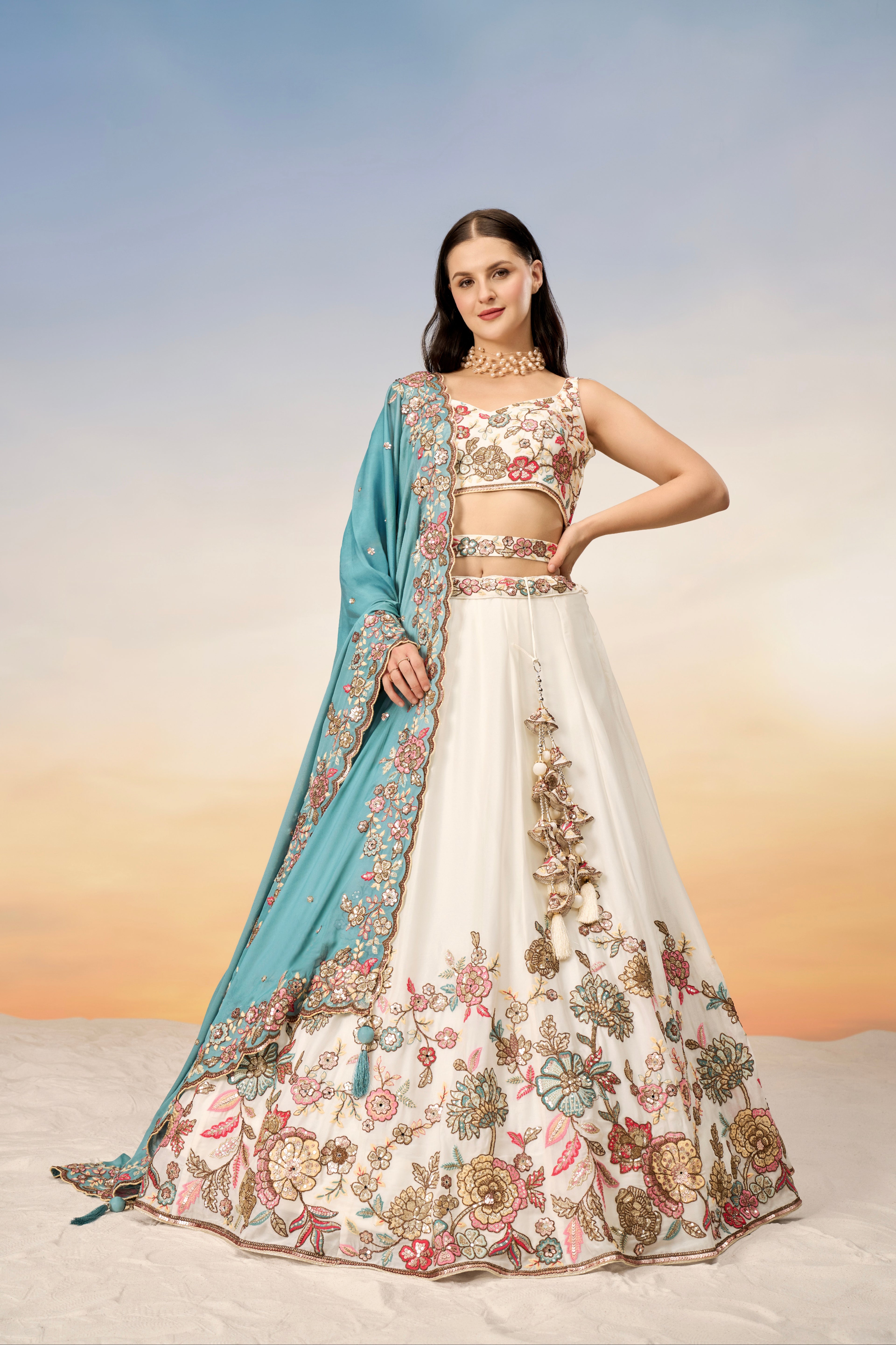 Cream Pure Georgette Sequins Embroidery Lehenga choli &amp; Dupatta