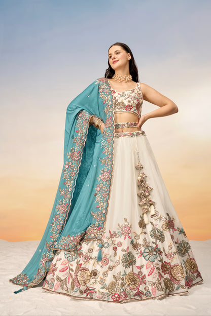 Cream Pure Georgette Sequins Embroidery Lehenga choli &amp; Dupatta