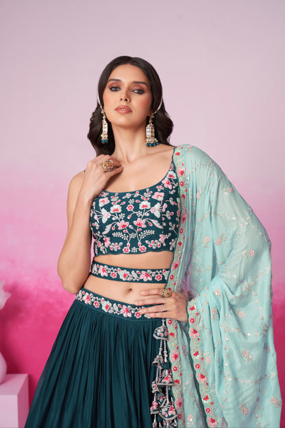 Teal Pure Georgette Sequin Embroidery Lehenga Choli &amp; Dupatta