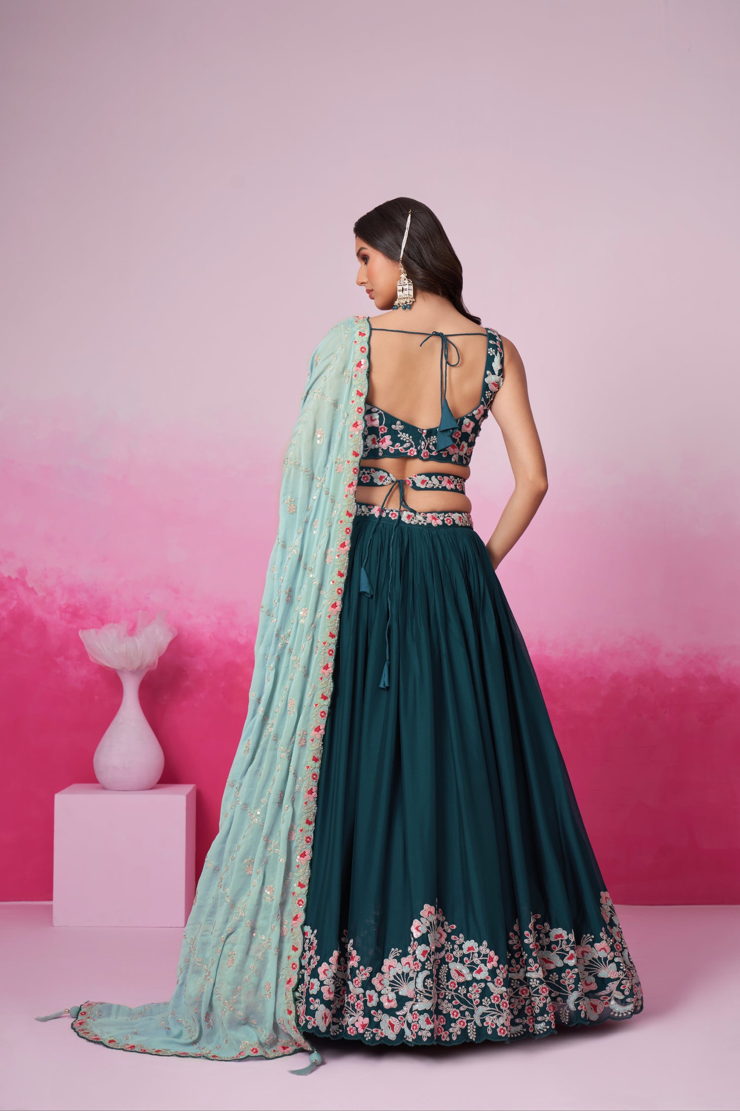 Teal Pure Georgette Sequin Embroidery Lehenga Choli &amp; Dupatta