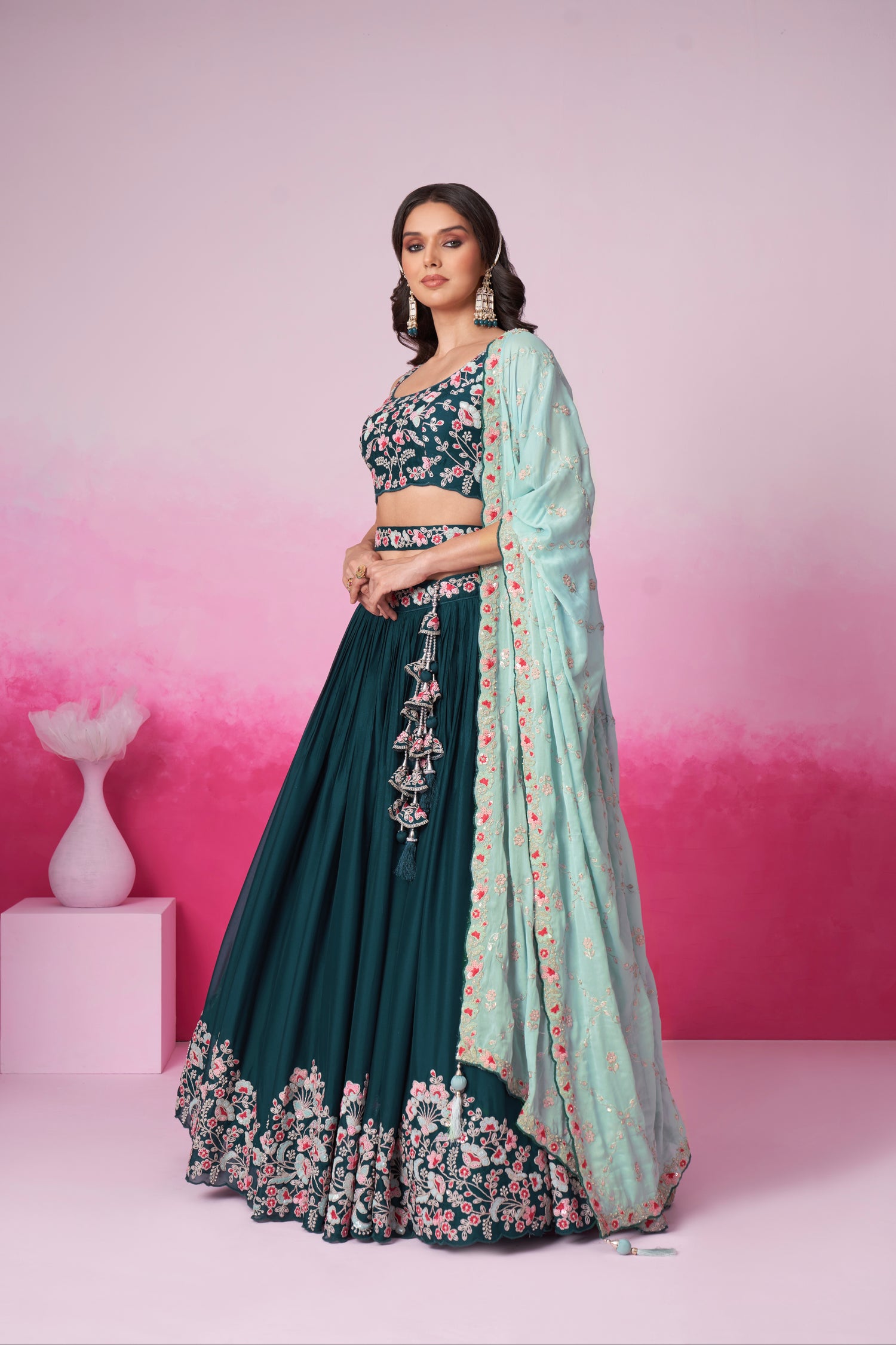 Teal Pure Georgette Sequin Embroidery Lehenga Choli &amp; Dupatta