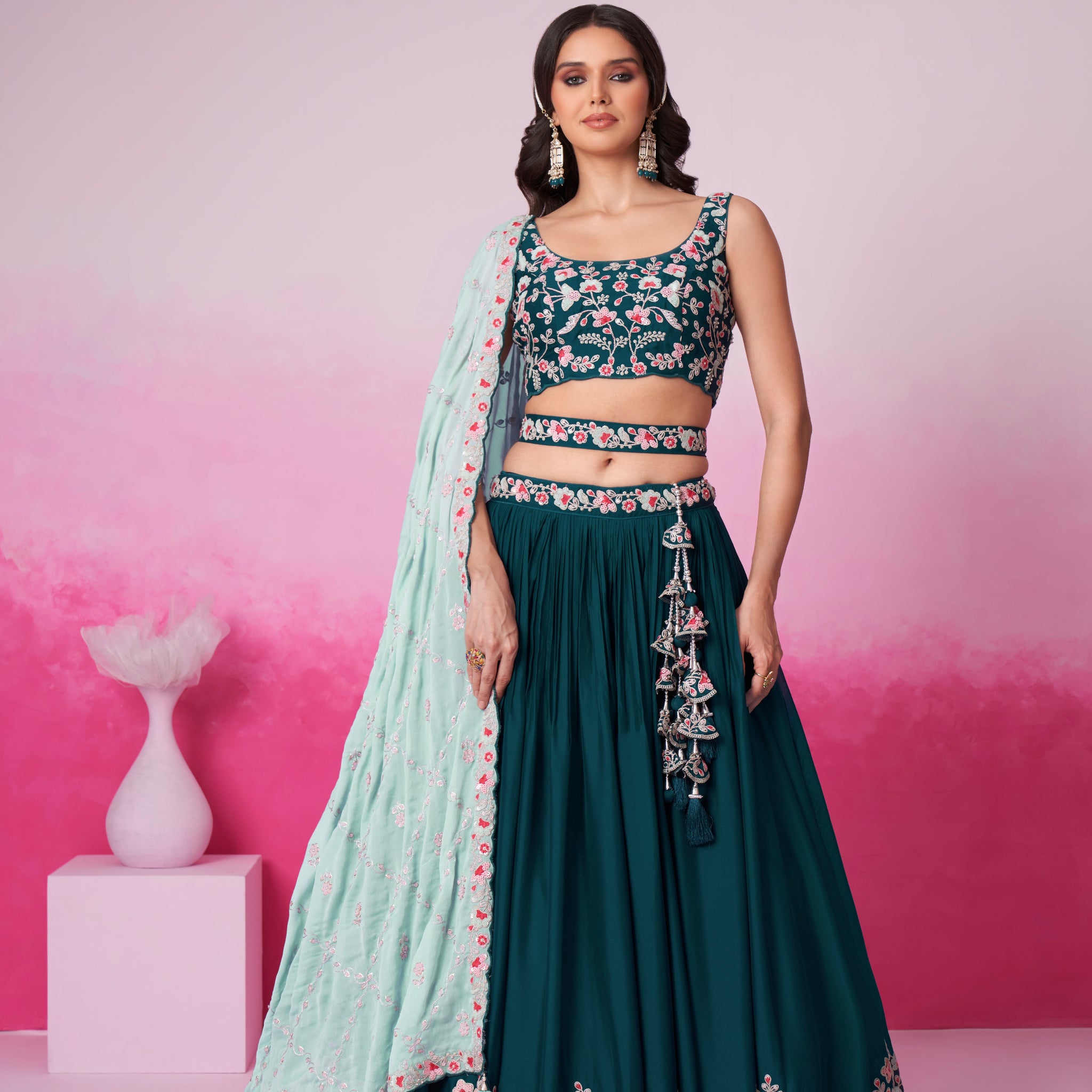 Teal Pure Georgette Sequin Embroidery Lehenga Choli & Dupatta
