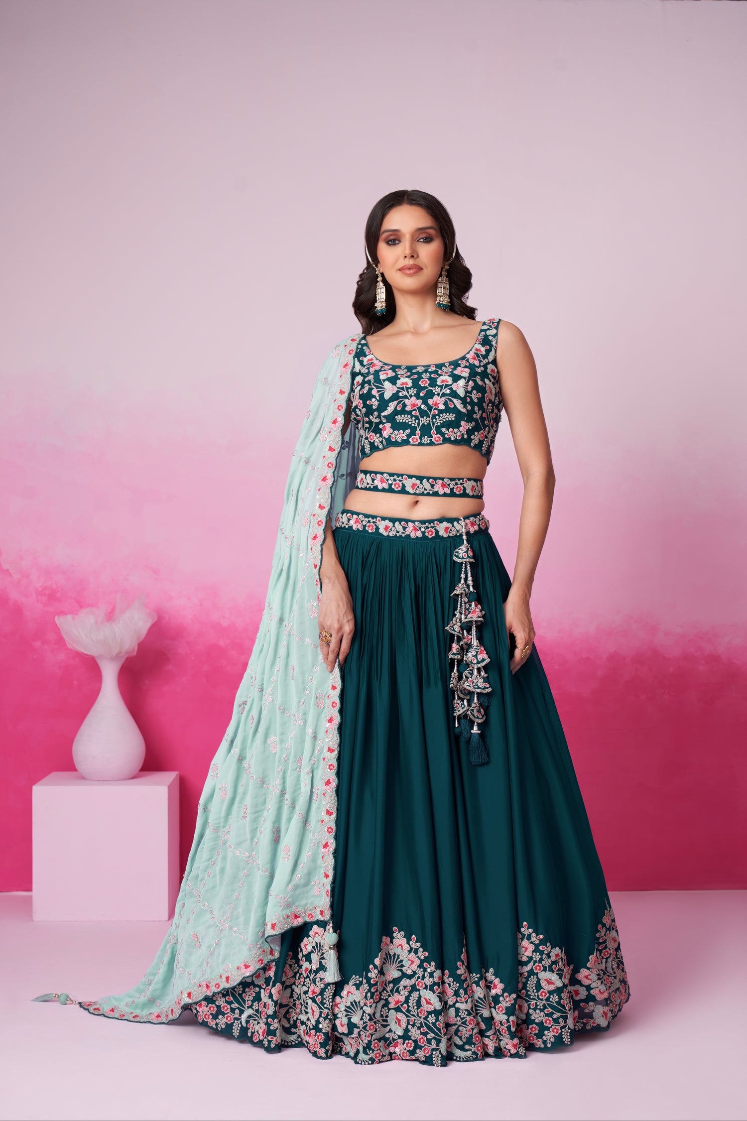 Teal Pure Georgette Sequin Embroidery Lehenga Choli &amp; Dupatta