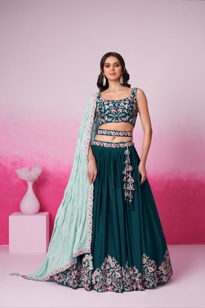 Teal Pure Georgette Sequin Embroidery Lehenga Choli &amp; Dupatta