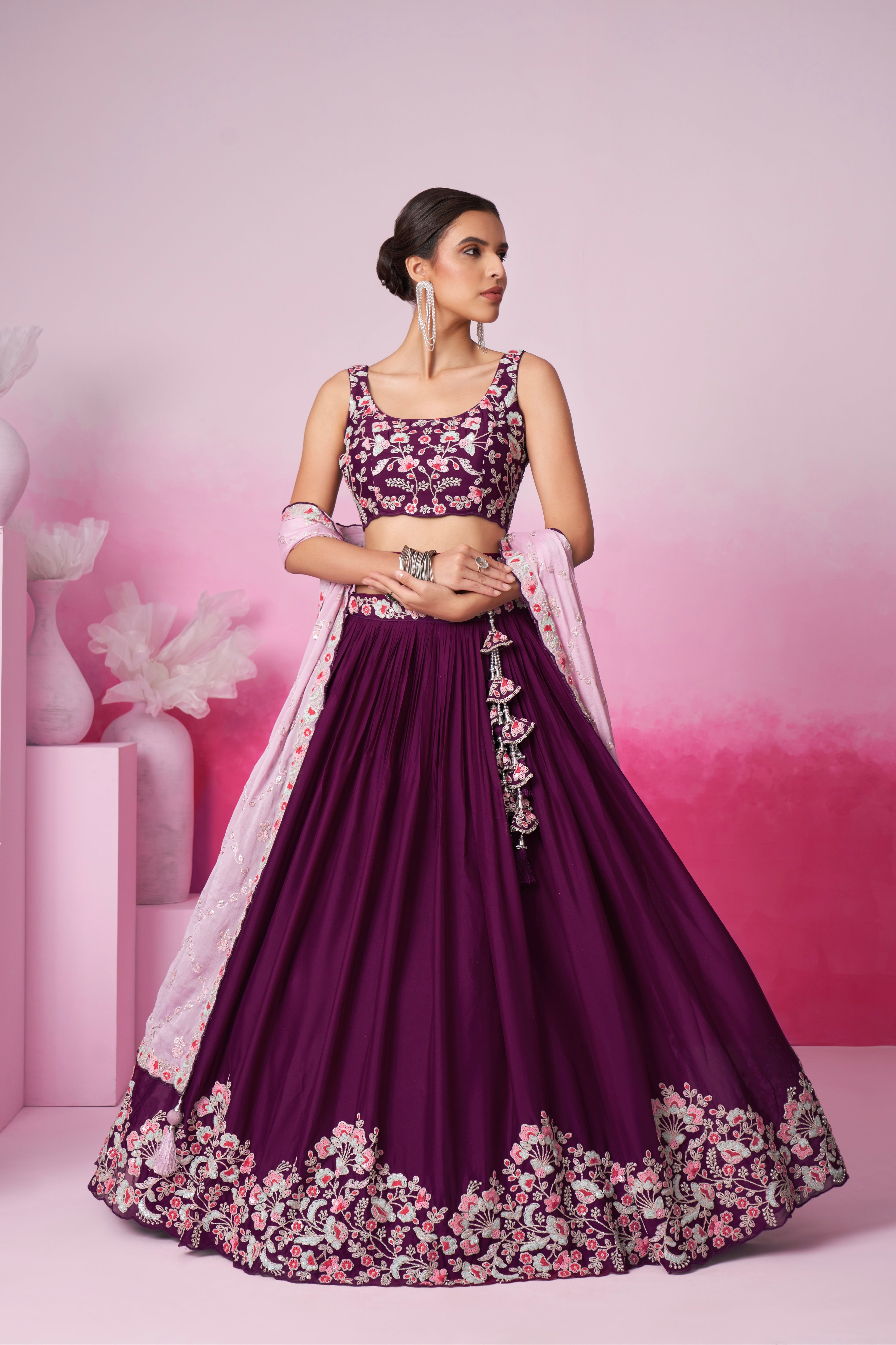 Burgundy Pure Georgette Sequin Embroidery Lehenga Choli &amp; Dupatta