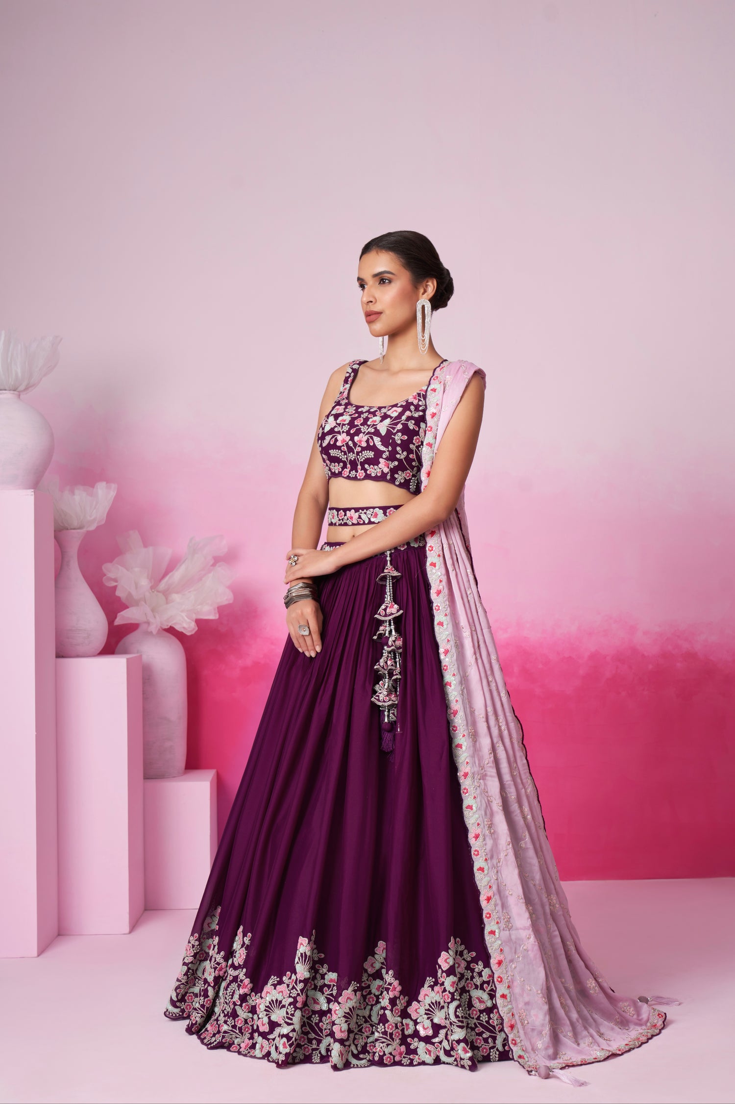 Burgundy Pure Georgette Sequin Embroidery Lehenga Choli &amp; Dupatta