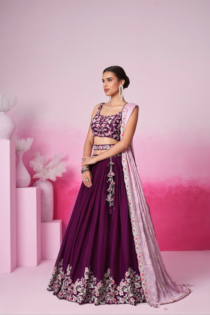 Burgundy Pure Georgette Sequin Embroidery Lehenga Choli &amp; Dupatta