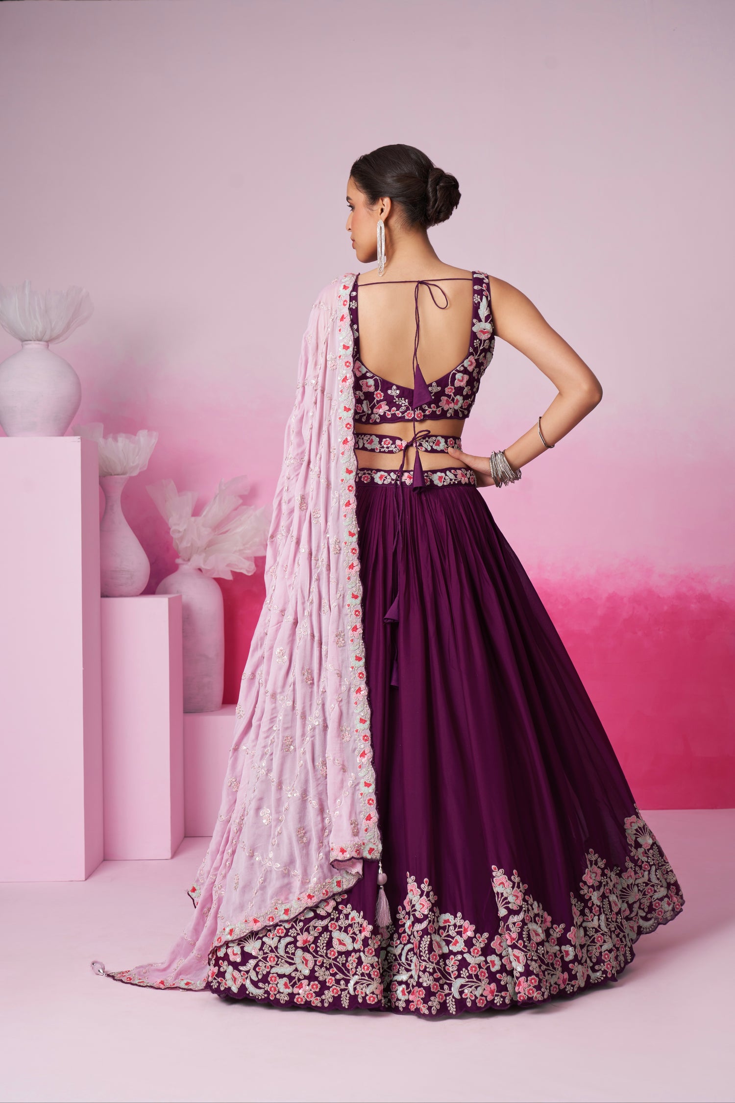 Burgundy Pure Georgette Sequin Embroidery Lehenga Choli &amp; Dupatta