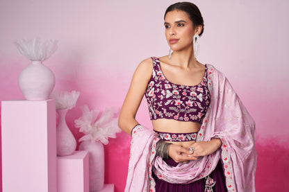 Burgundy Pure Georgette Sequin Embroidery Lehenga Choli &amp; Dupatta