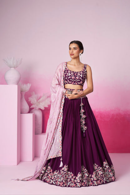 Burgundy Pure Georgette Sequin Embroidery Lehenga Choli &amp; Dupatta