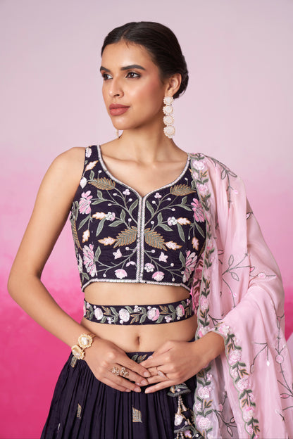 Purple Organza Sequins Embroidery Lehenga Choli &amp; Dupatta