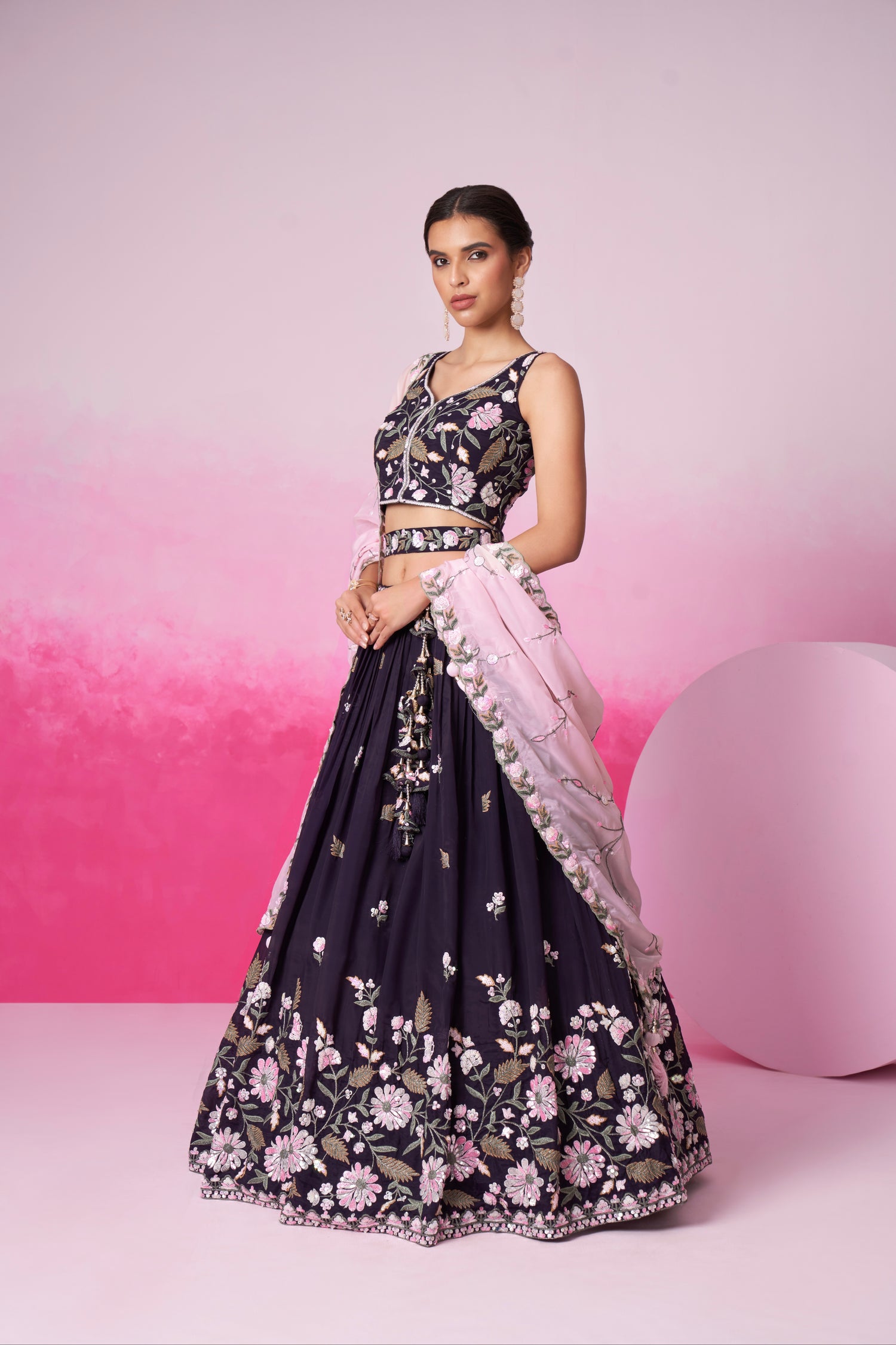 Purple Organza Sequins Embroidery Lehenga Choli &amp; Dupatta