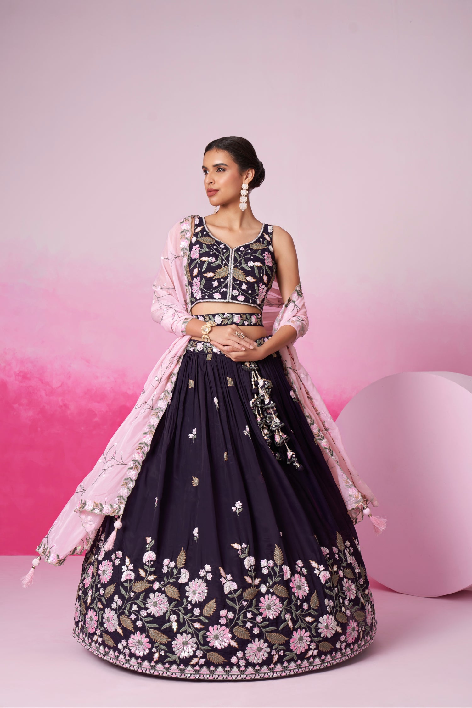 Purple Organza Sequins Embroidery Lehenga Choli &amp; Dupatta