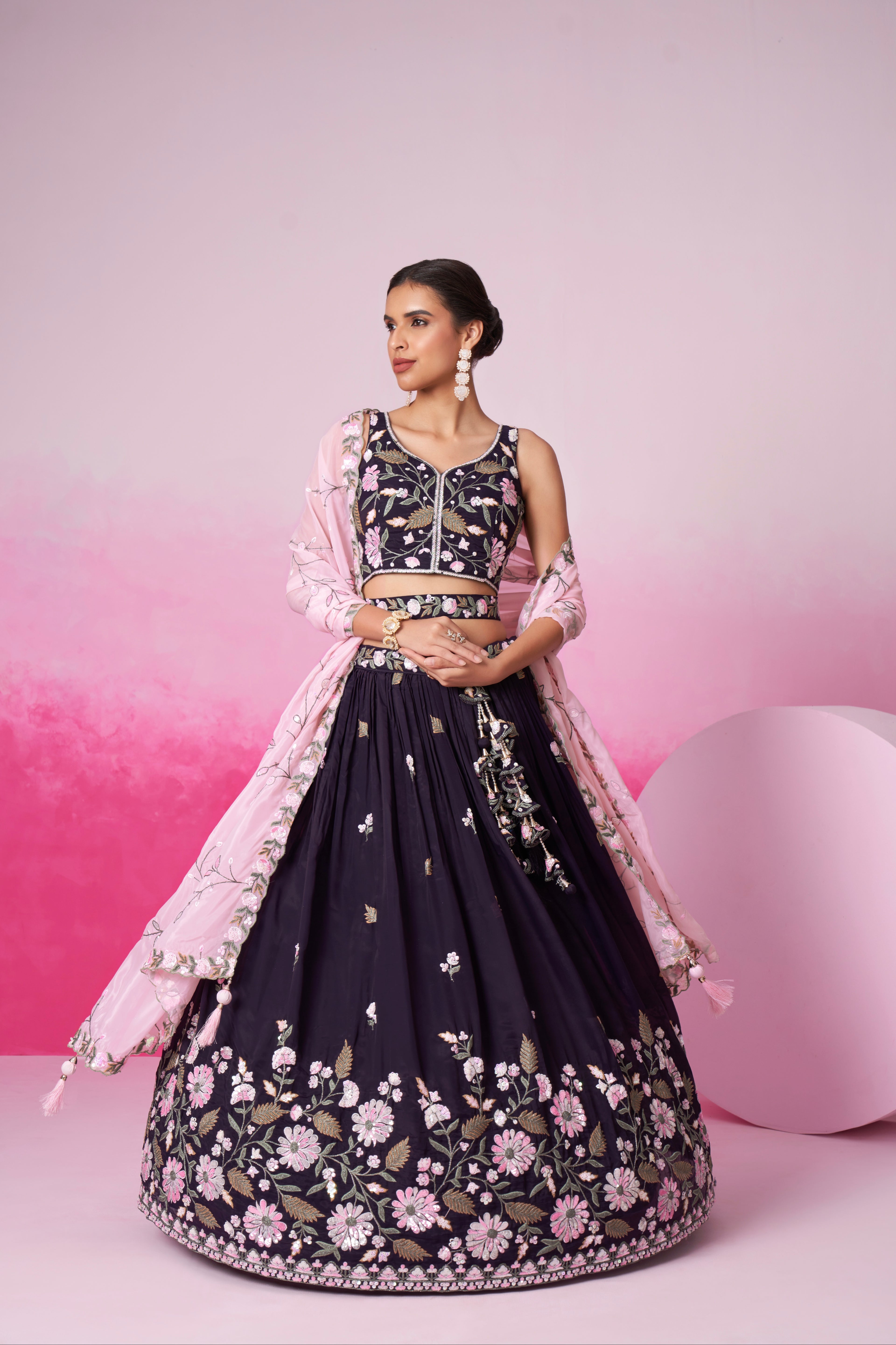 Purple Organza Sequins Embroidery Lehenga Choli &amp; Dupatta