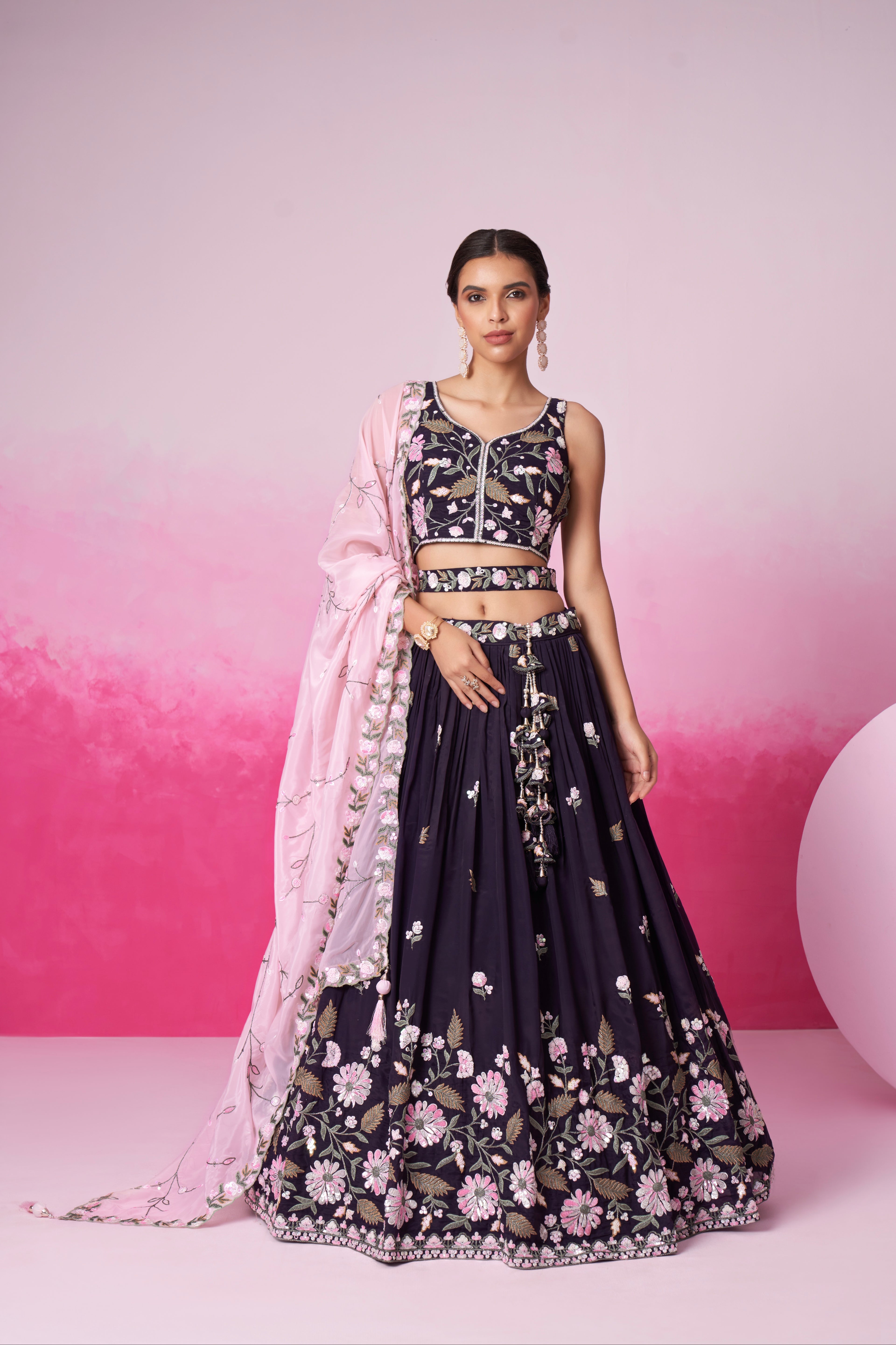 Purple Organza Sequins Embroidery Lehenga Choli &amp; Dupatta