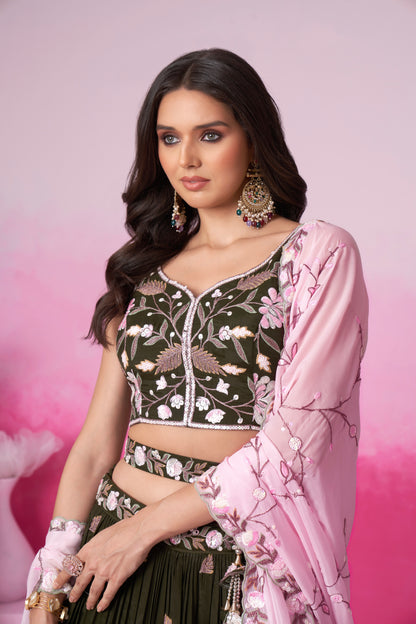 Olive Organza Sequins Embroidery Lehenga Choli &amp; Dupatta
