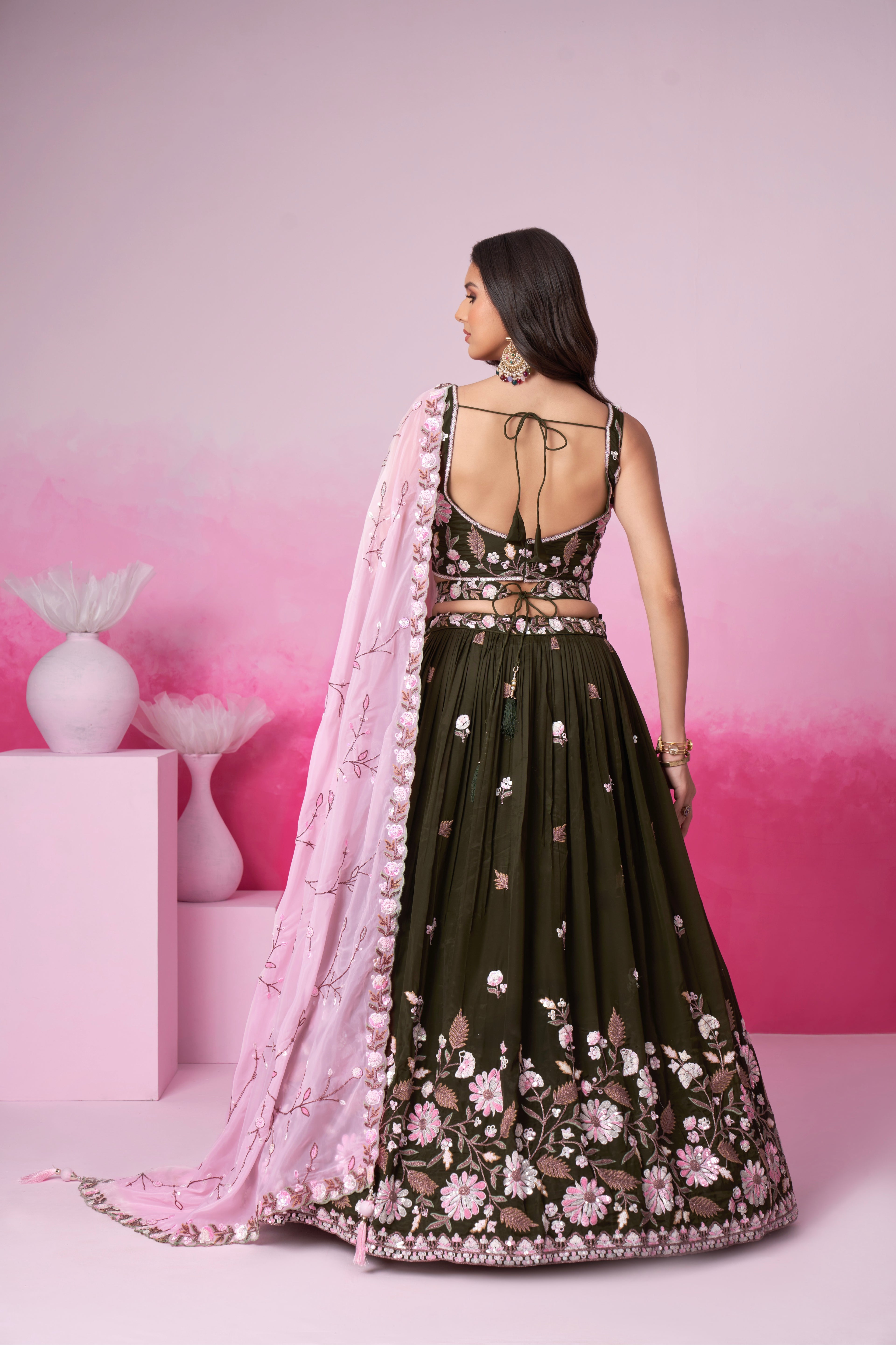 Olive Organza Sequins Embroidery Lehenga Choli &amp; Dupatta
