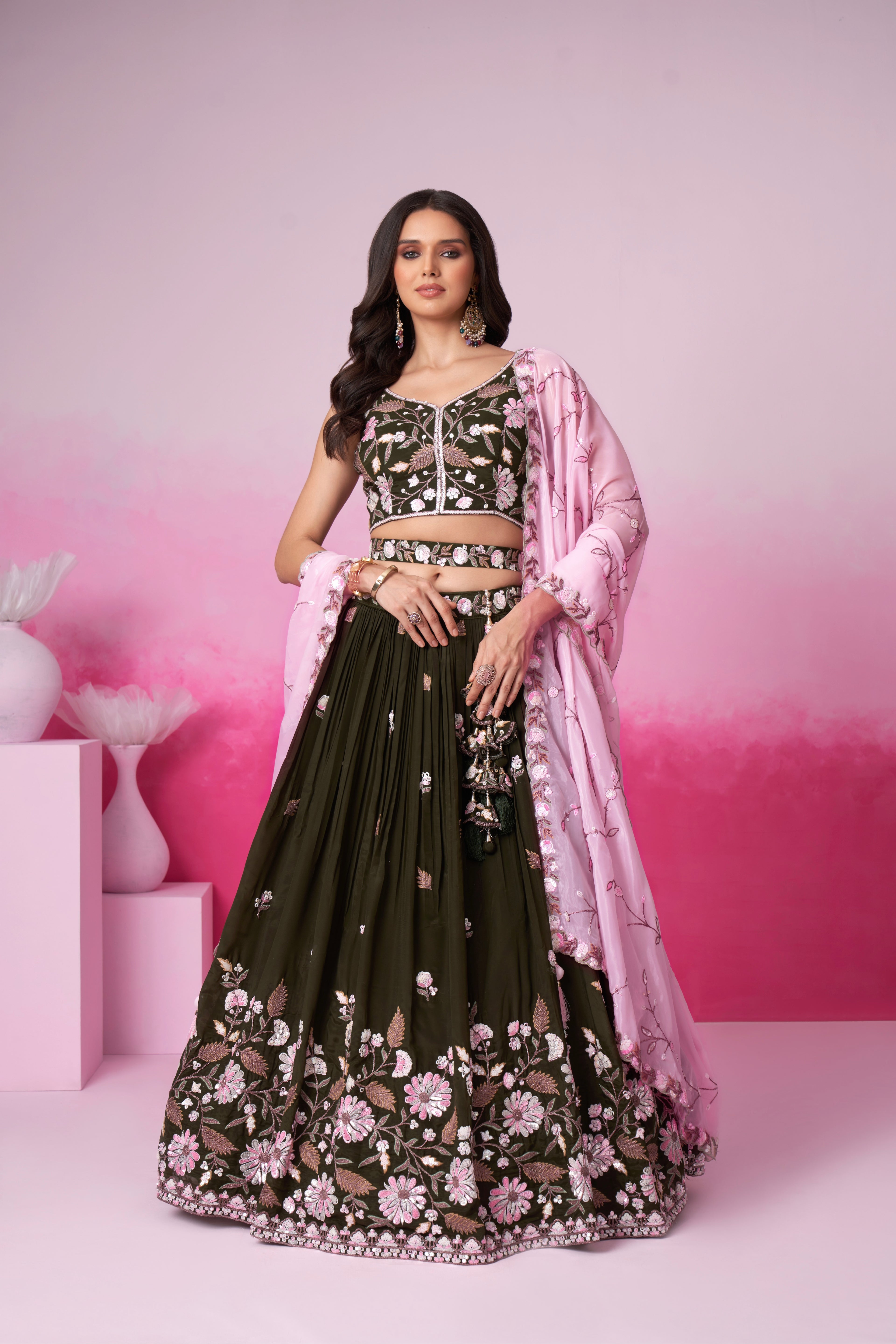 Olive Organza Sequins Embroidery Lehenga Choli &amp; Dupatta