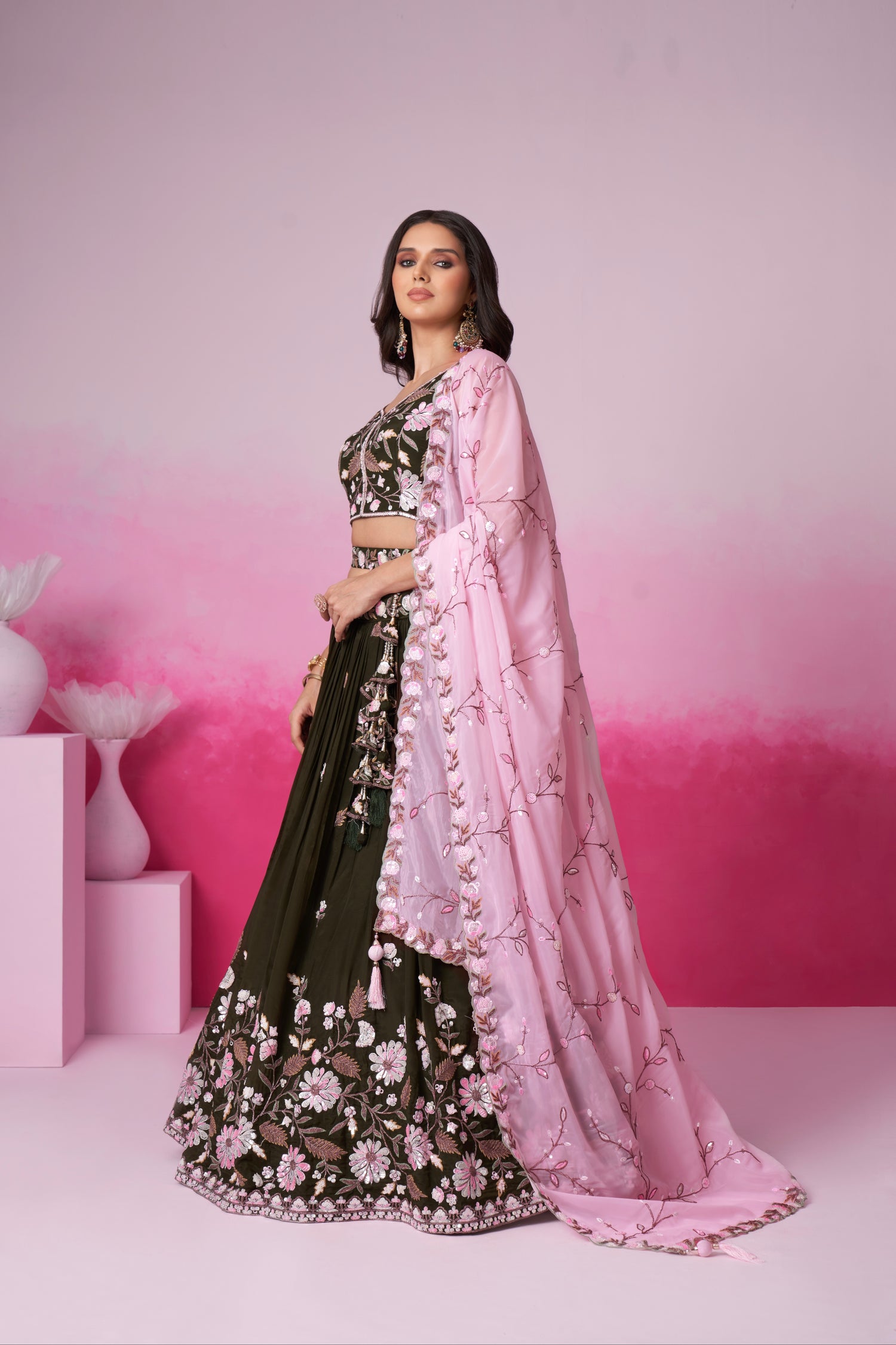 Olive Organza Sequins Embroidery Lehenga Choli &amp; Dupatta