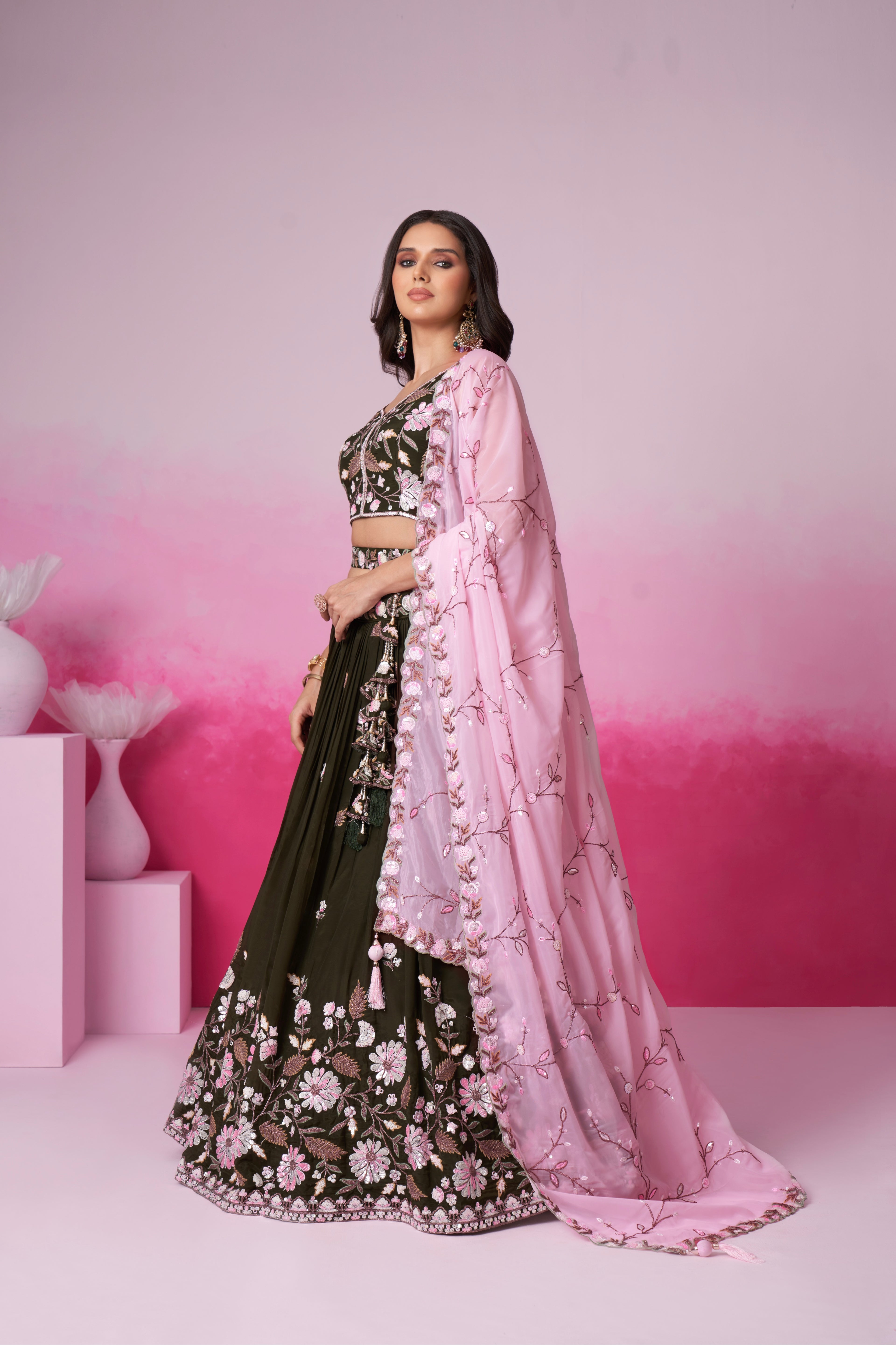 Olive Organza Sequins Embroidery Lehenga Choli &amp; Dupatta