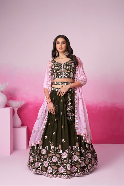 Olive Organza Sequins Embroidery Lehenga Choli &amp; Dupatta