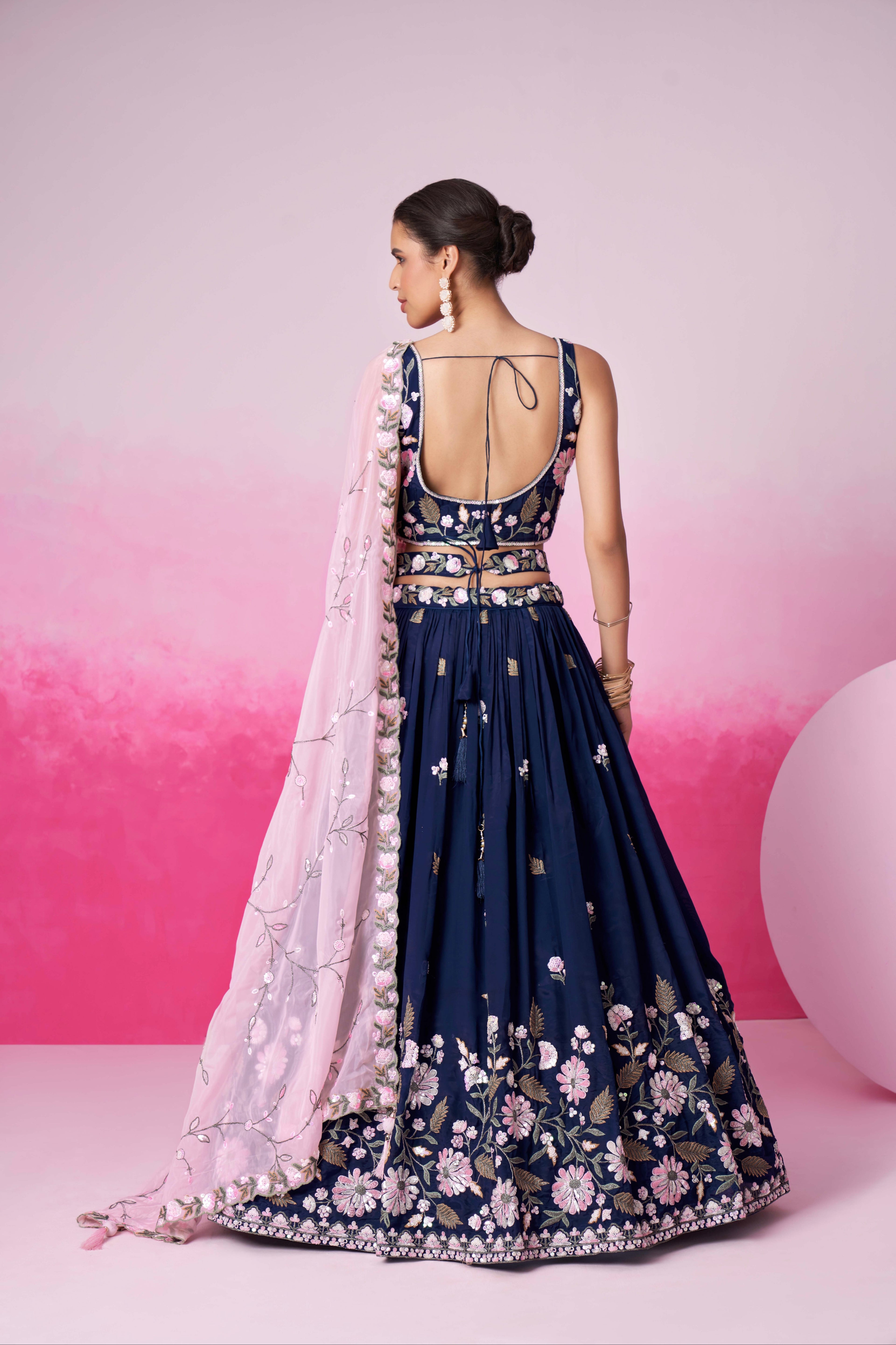 Navy Blue Organza Sequins Embroidery Lehenga Choli &amp; Dupatta