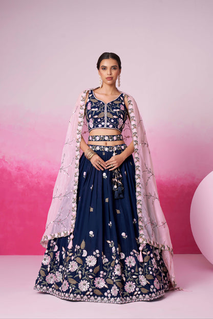 Navy Blue Organza Sequins Embroidery Lehenga Choli &amp; Dupatta