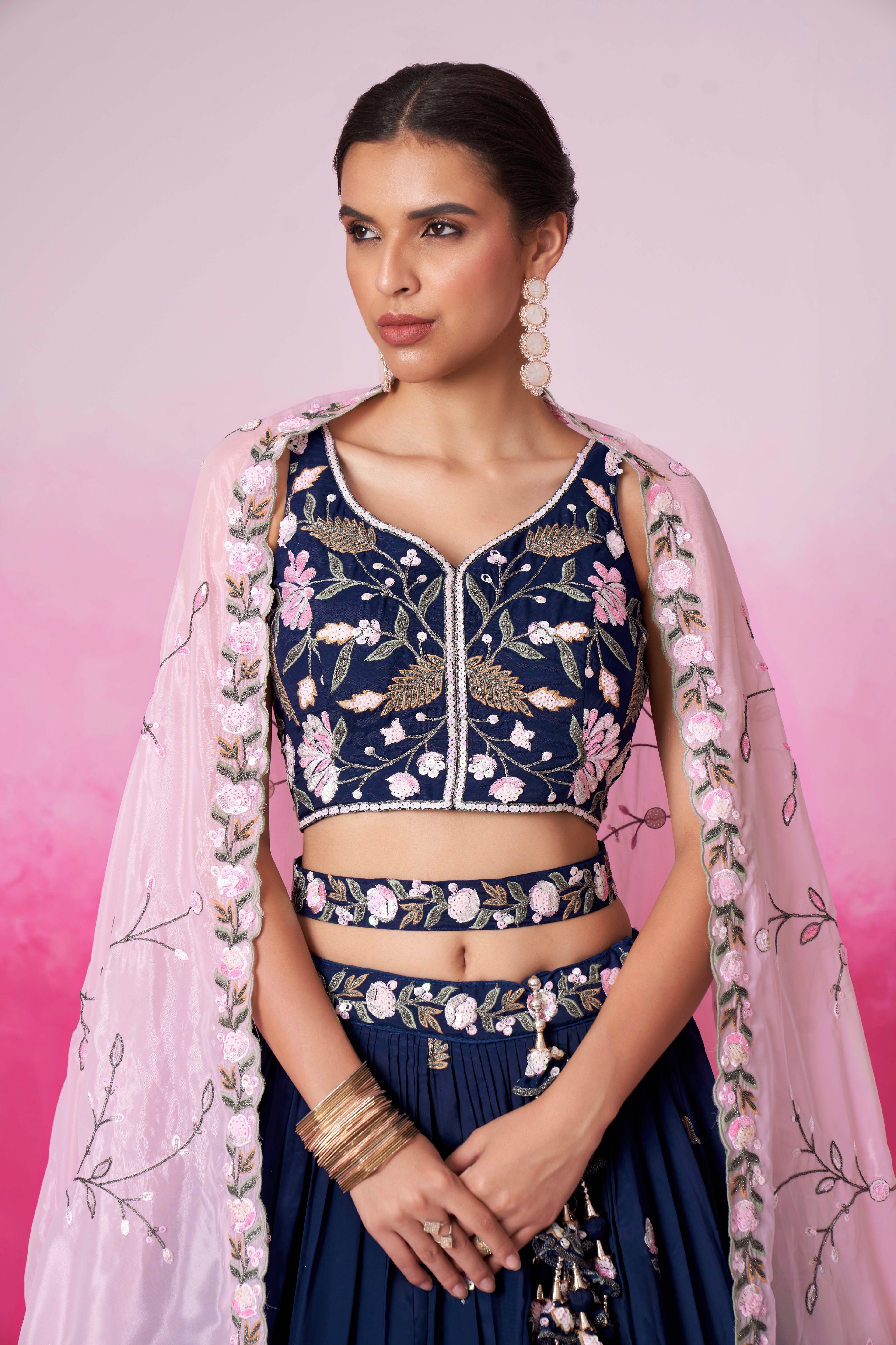Navy Blue Organza Sequins Embroidery Lehenga Choli &amp; Dupatta